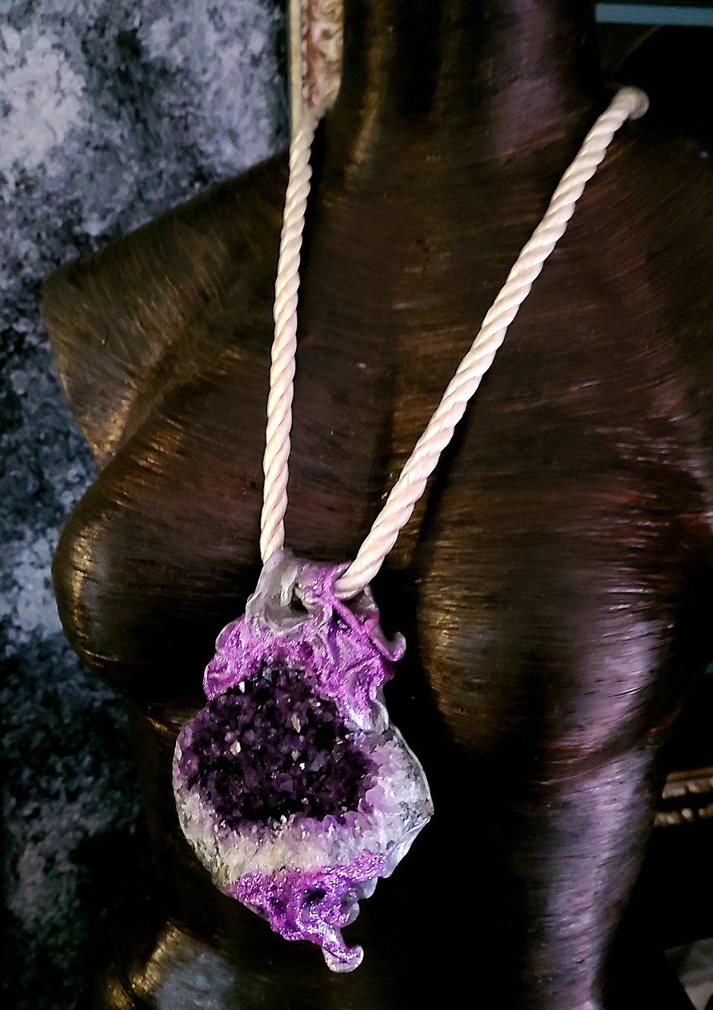 Rough Amethyst Sculpted Pendant on a Satin Cord - Purple Crystals