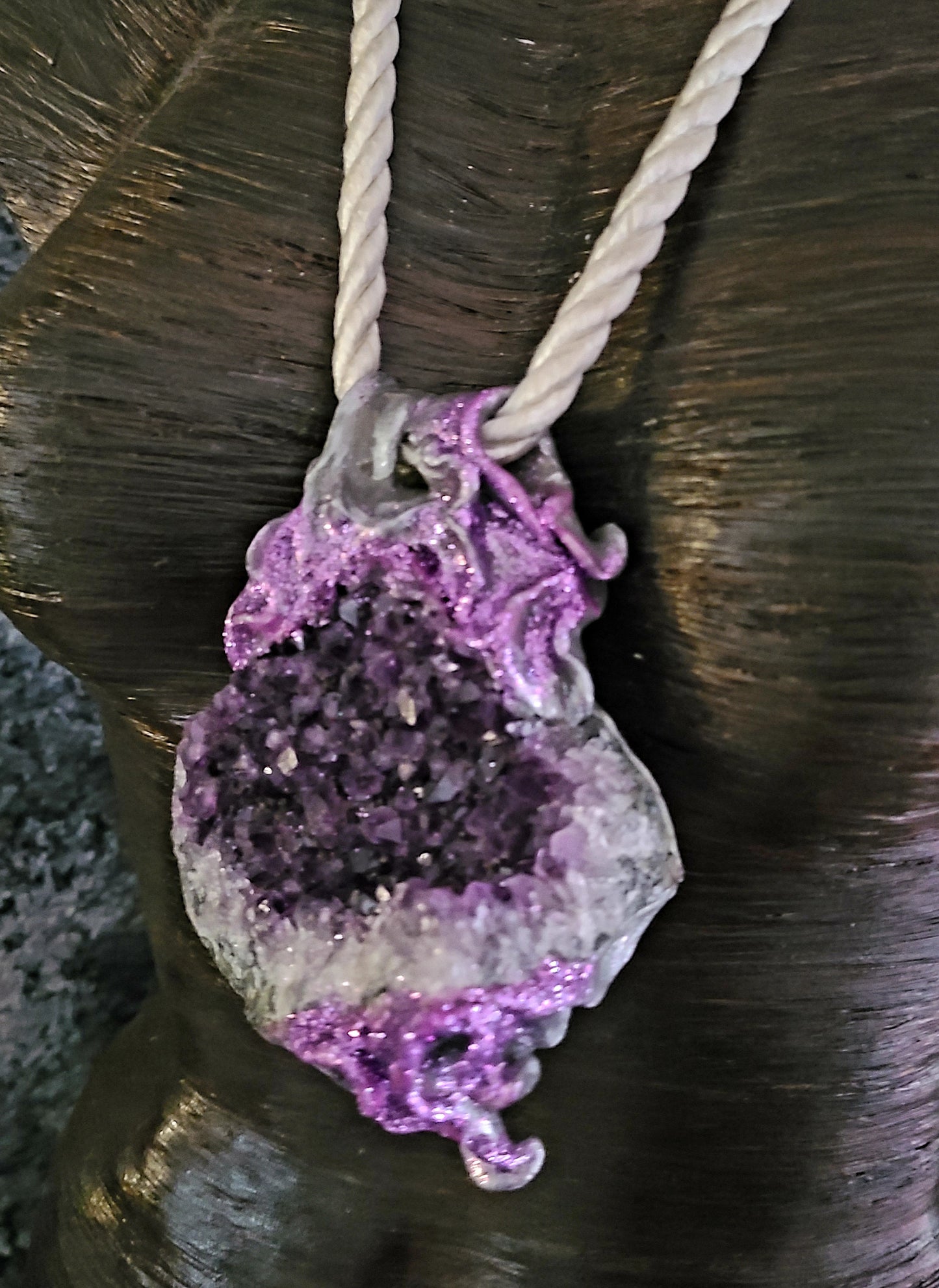 Rough Amethyst Sculpted Pendant on a Satin Cord - Purple Crystals