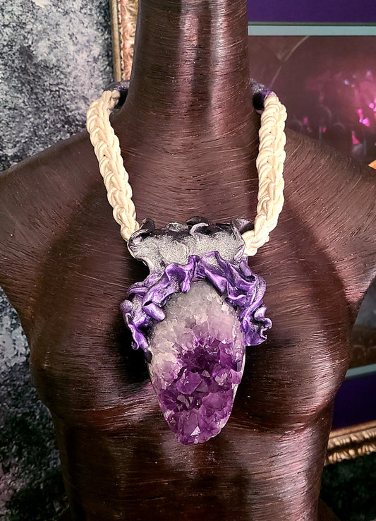 Talisman Geode Purple Crystals Braided Silk Rope, Amulet Rough Amethyst Gemmy, Talisman Modern Hippie