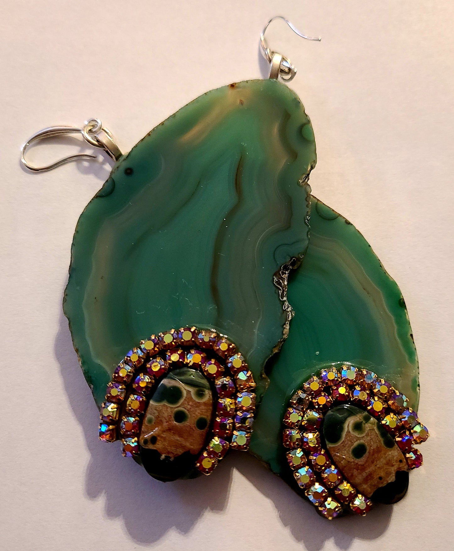 Polished Green Agate Slice & Ocean Jasper Dangle Pierced Earrings, Gemstone Shoulder Dusters, Wearable Art Statement Jewelry by Kat Kouture