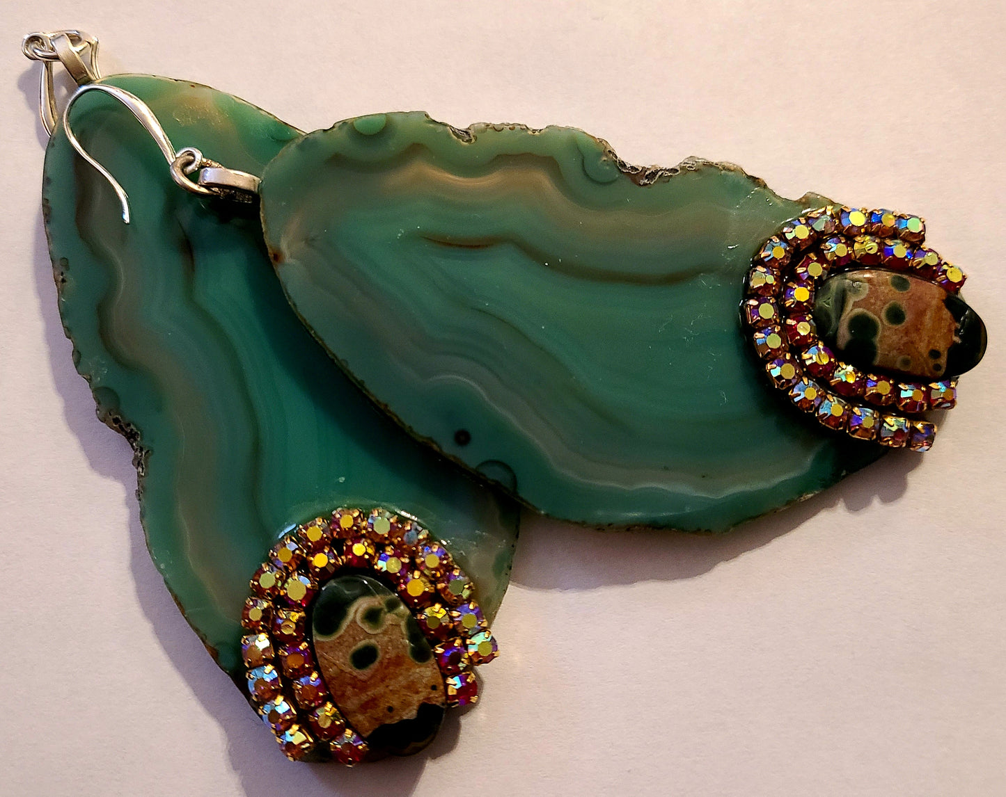 Polished Green Agate Slice & Ocean Jasper Dangle Pierced Earrings, Gemstone Shoulder Dusters, Wearable Art Statement Jewelry by Kat Kouture