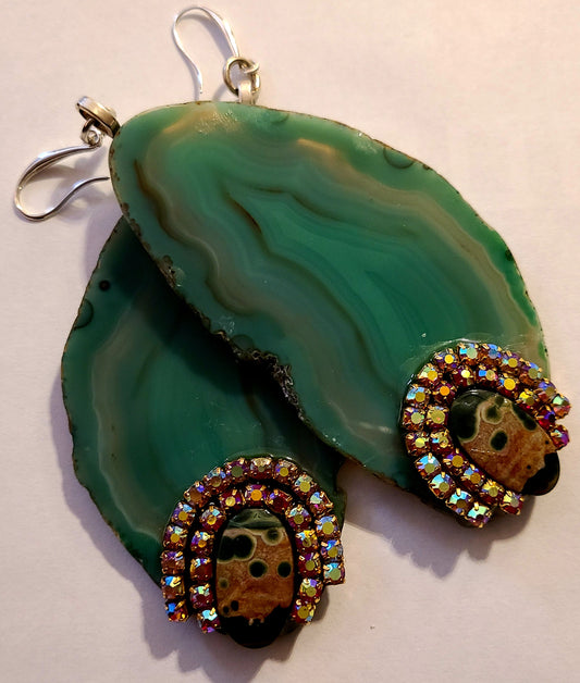 Polished Green Agate Slice & Ocean Jasper Dangle Pierced Earrings, Gemstone Shoulder Dusters, Wearable Art Statement Jewelry by Kat Kouture