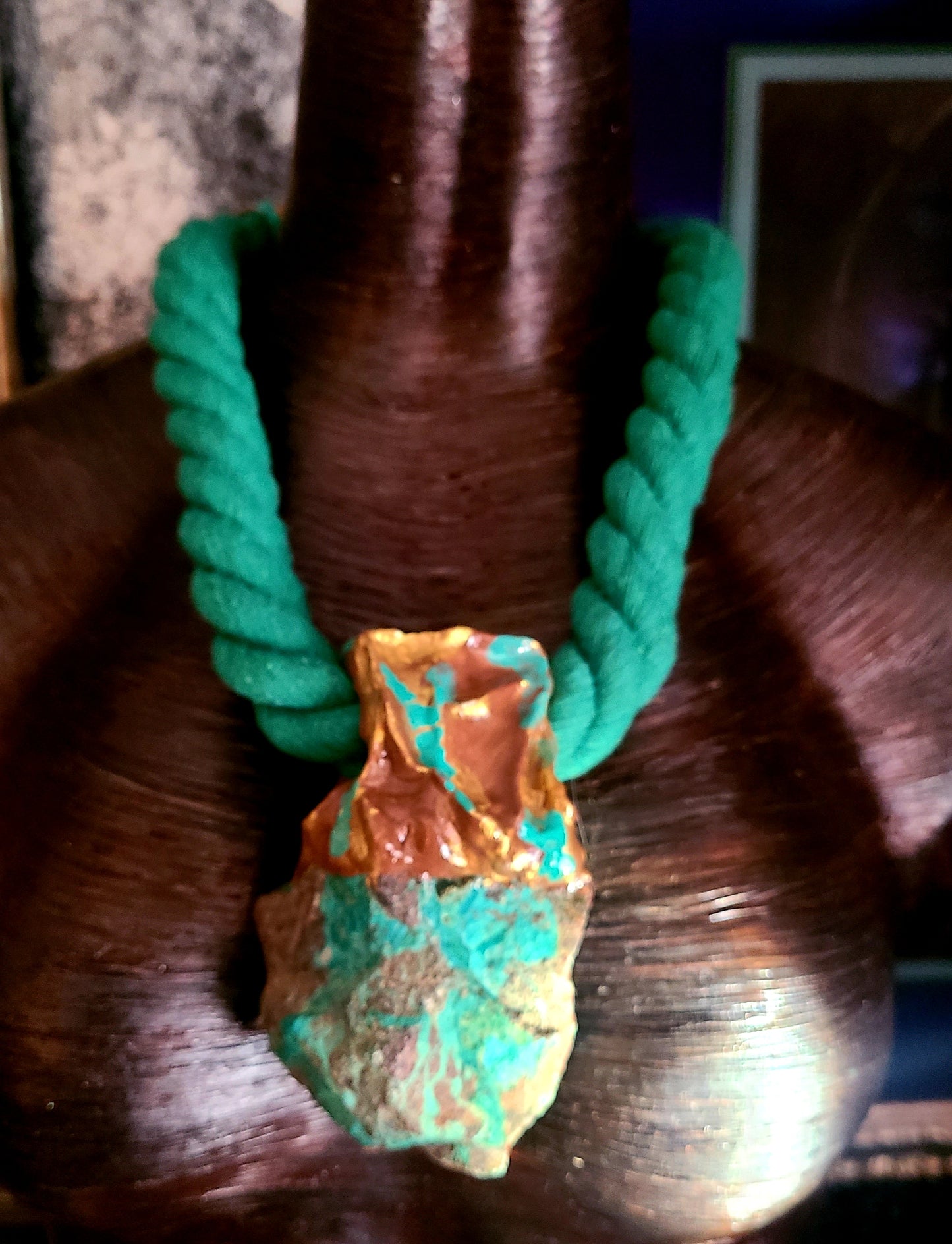 Rough Chrysocolla Sculped Pendant with Green Rope - Unisex Styled Green and Gold Gemstone Pendant - Boho Couture Hipster Chest Piece - Rocker Chic Amulet - Kat Kouture Jewelry