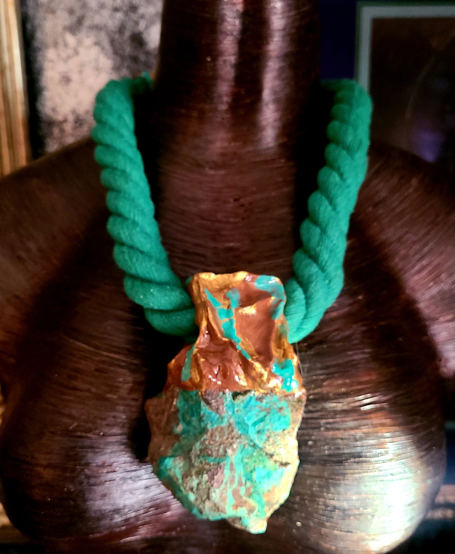 Rough Chrysocolla Sculped Pendant with Green Rope - Unisex Styled Green and Gold Gemstone Pendant - Boho Couture Hipster Chest Piece - Rocker Chic Amulet - Kat Kouture Jewelry