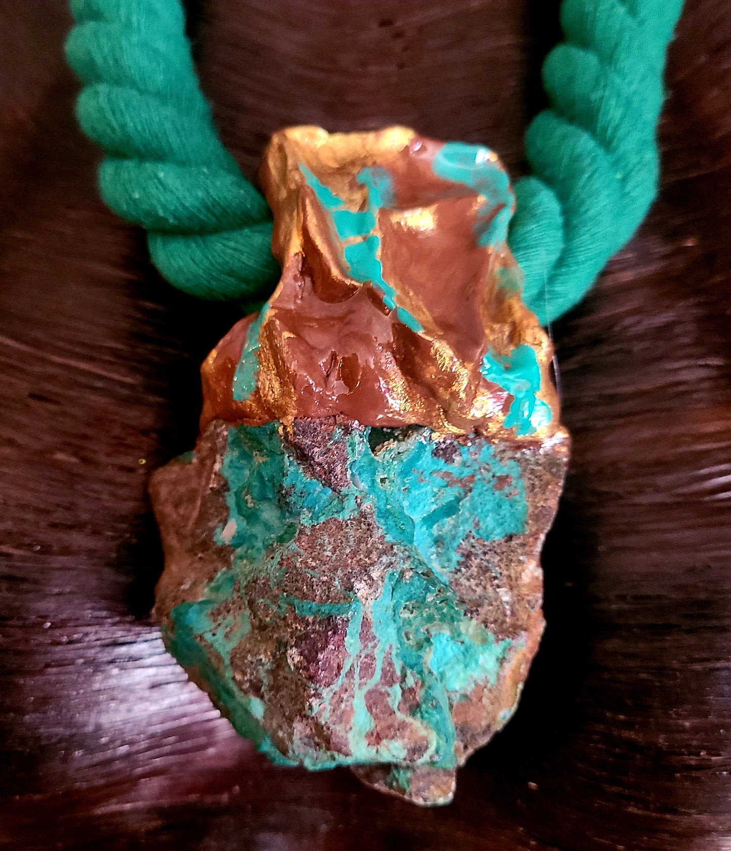 Rough Chrysocolla Sculped Pendant with Green Rope - Unisex Styled Green and Gold Gemstone Pendant - Boho Couture Hipster Chest Piece - Rocker Chic Amulet - Kat Kouture Jewelry