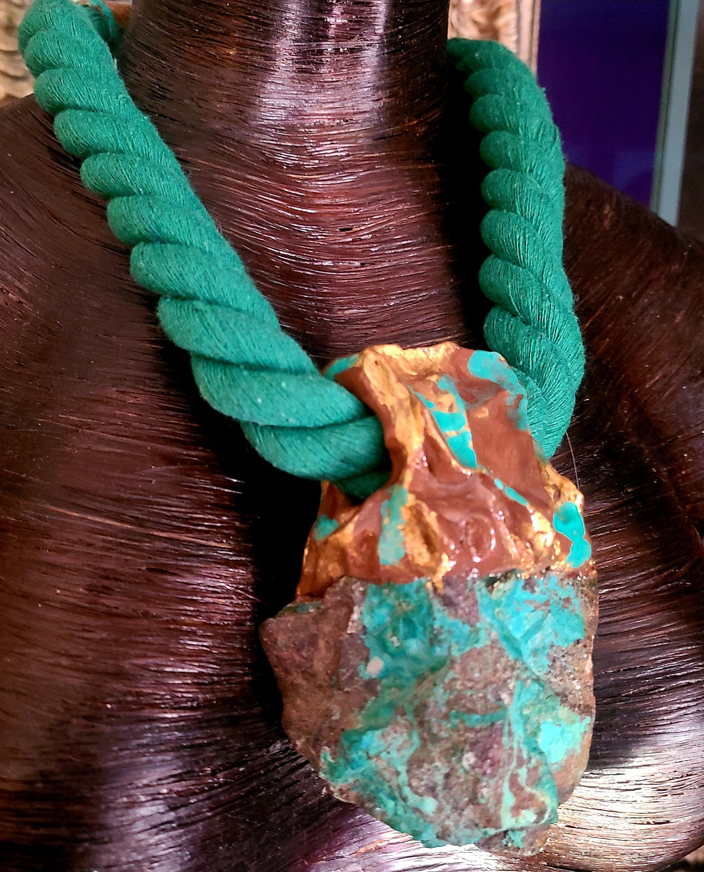 Rough Chrysocolla Sculped Pendant with Green Rope - Unisex Styled Green and Gold Gemstone Pendant - Boho Couture Hipster Chest Piece - Rocker Chic Amulet - Kat Kouture Jewelry