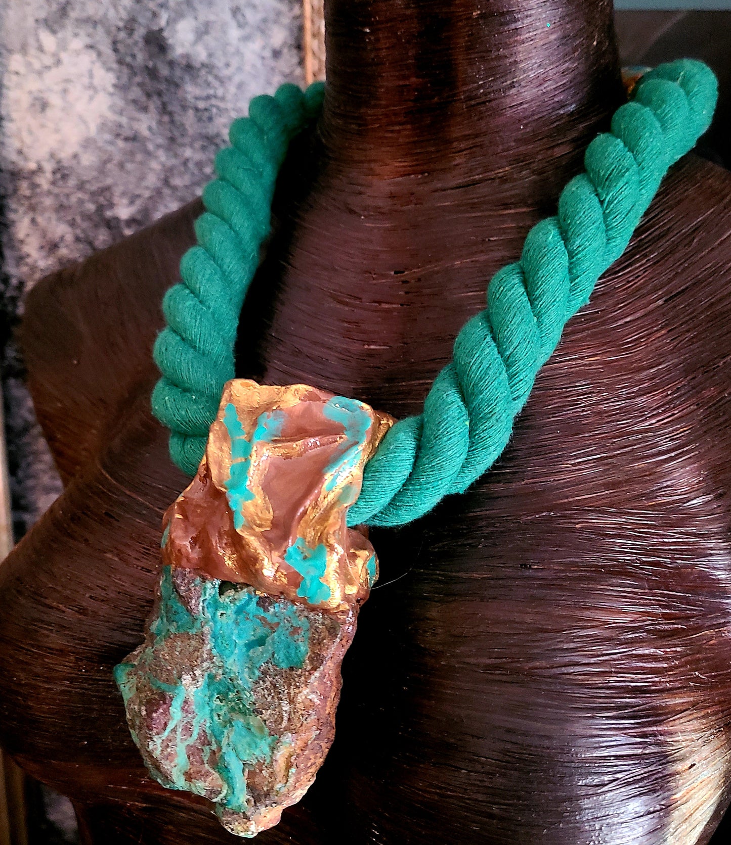 Rough Chrysocolla Sculped Pendant with Green Rope - Unisex Styled Green and Gold Gemstone Pendant - Boho Couture Hipster Chest Piece - Rocker Chic Amulet - Kat Kouture Jewelry