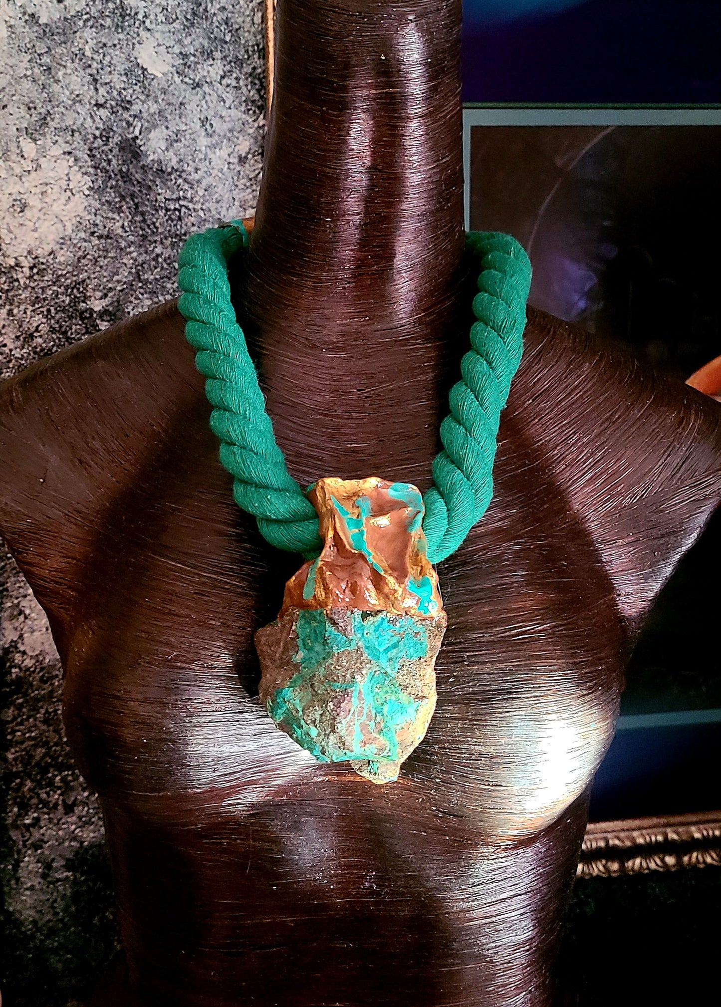 Rough Chrysocolla Sculped Pendant with Green Rope - Unisex Styled Green and Gold Gemstone Pendant - Boho Couture Hipster Chest Piece - Rocker Chic Amulet - Kat Kouture Jewelry