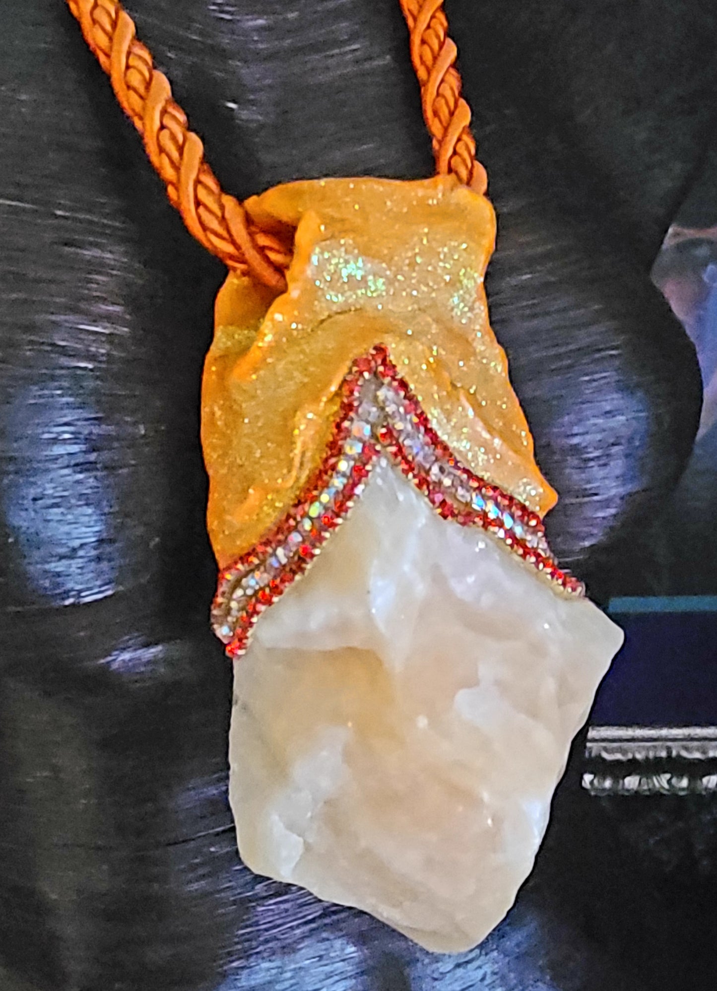 Pendant Gemstone Calcite Orange Yellow Red, Talisman Crystal Rough Raw People of Color, Jewelry Autumn