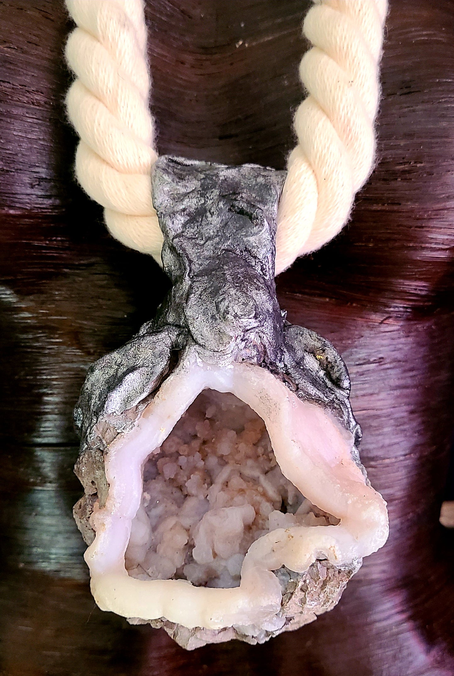 Sculpted Geode Rope Statement Pendant, Unisex Crystal Cave Talisman, Jeans or Casual Attire Jewelry, Boho Couture Amulet