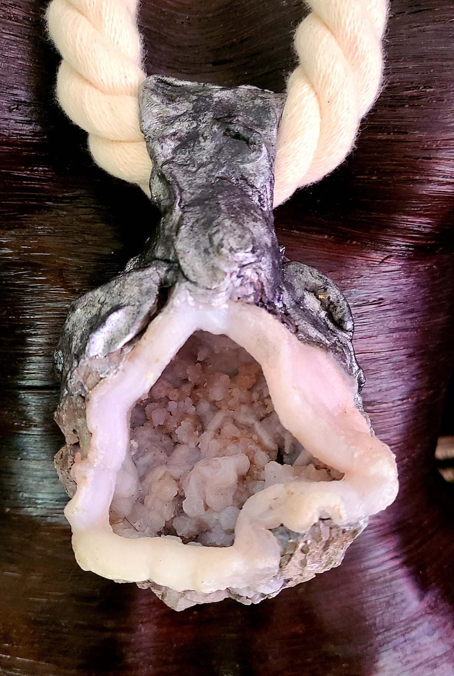 Sculpted Geode Rope Statement Pendant, Unisex Crystal Cave Talisman, Jeans or Casual Attire Jewelry, Boho Couture Amulet