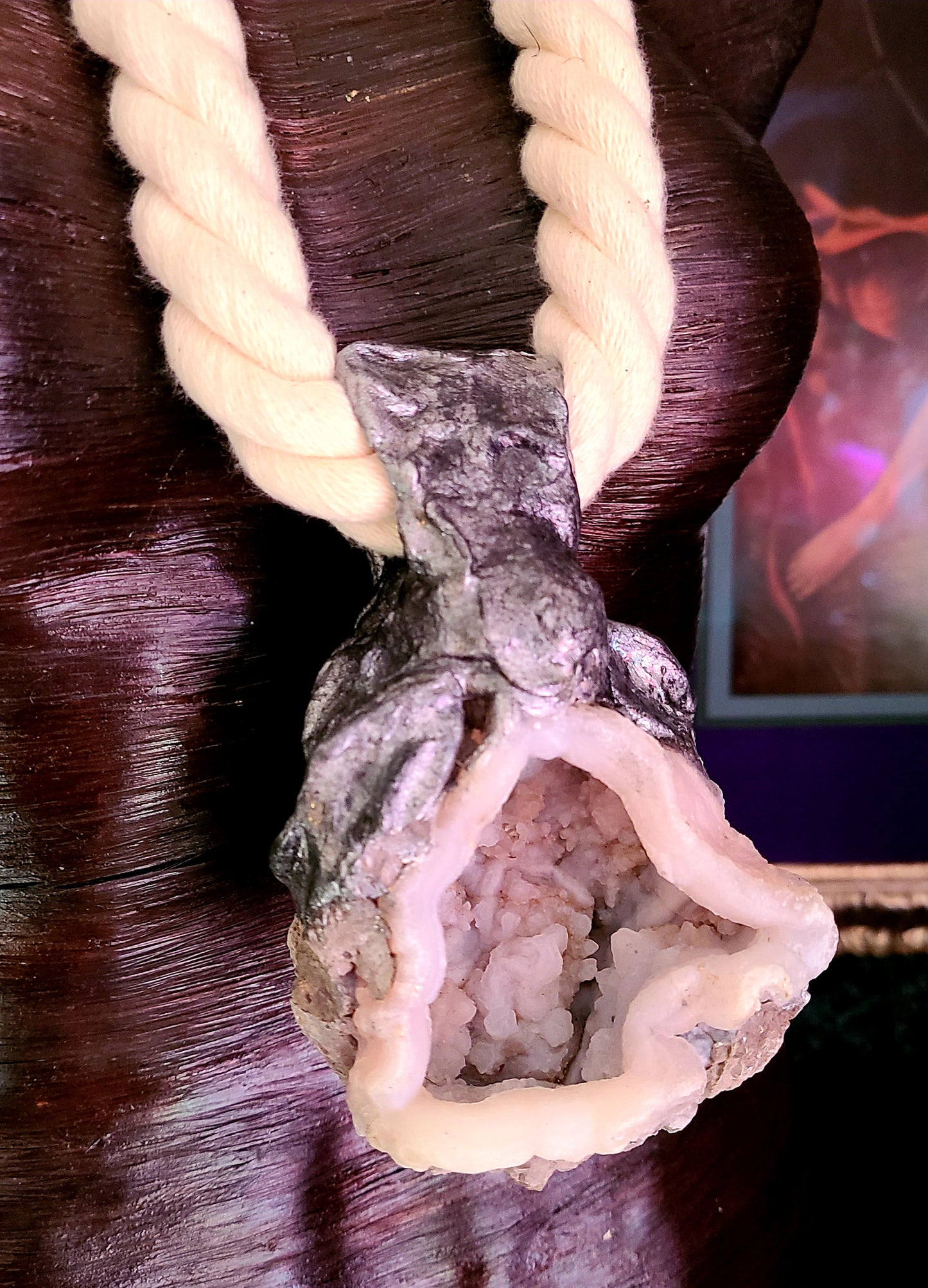 Sculpted Geode Rope Statement Pendant, Unisex Crystal Cave Talisman, Jeans or Casual Attire Jewelry, Boho Couture Amulet