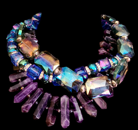 Chevron Amethyst & Faceted Crystal Multi Strand Statement Necklace