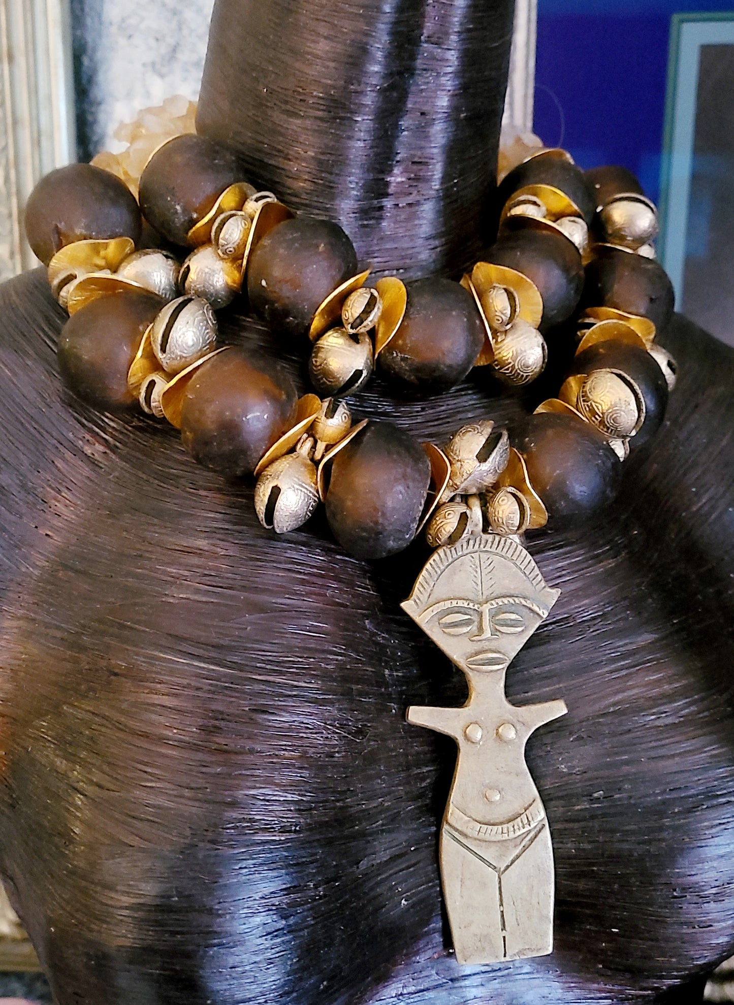 African Tibetan Glass & Metal Oversized Beaded Statememt Necklace Petite Women - Brown and Gold Bold Chunky Heavy Necklace with Fertility Goddess Pendant - Kat Kouture Jewelry Designs - Exotic Tribal Huge Beaded Chest Piece