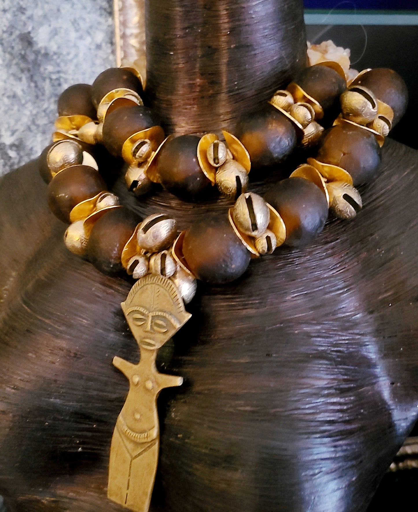 African Tibetan Glass & Metal Oversized Beaded Statememt Necklace Petite Women - Brown and Gold Bold Chunky Heavy Necklace with Fertility Goddess Pendant - Kat Kouture Jewelry Designs - Exotic Tribal Huge Beaded Chest Piece