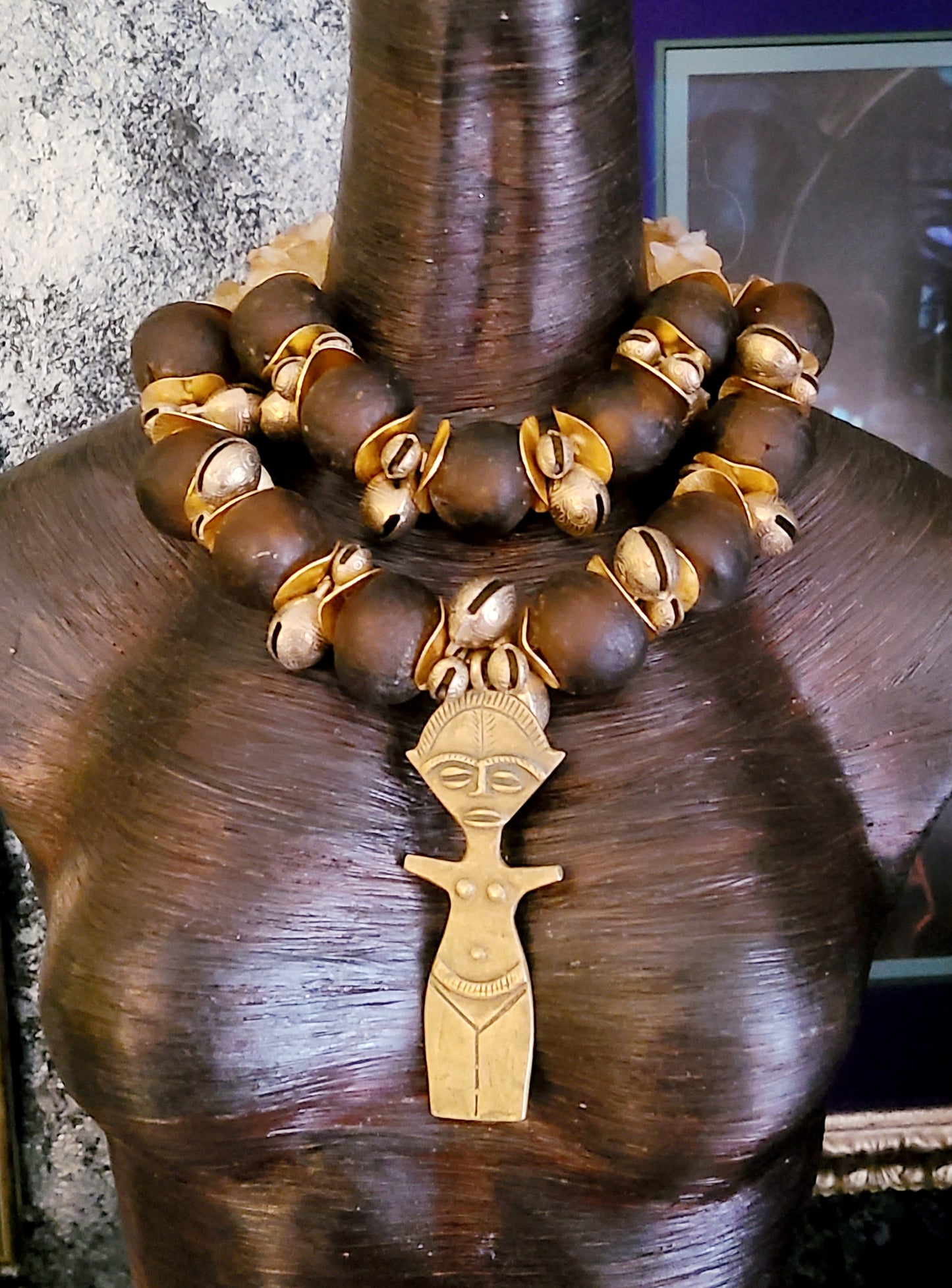 African Tibetan Glass & Metal Oversized Beaded Statememt Necklace Petite Women - Brown and Gold Bold Chunky Heavy Necklace with Fertility Goddess Pendant - Kat Kouture Jewelry Designs - Exotic Tribal Huge Beaded Chest Piece