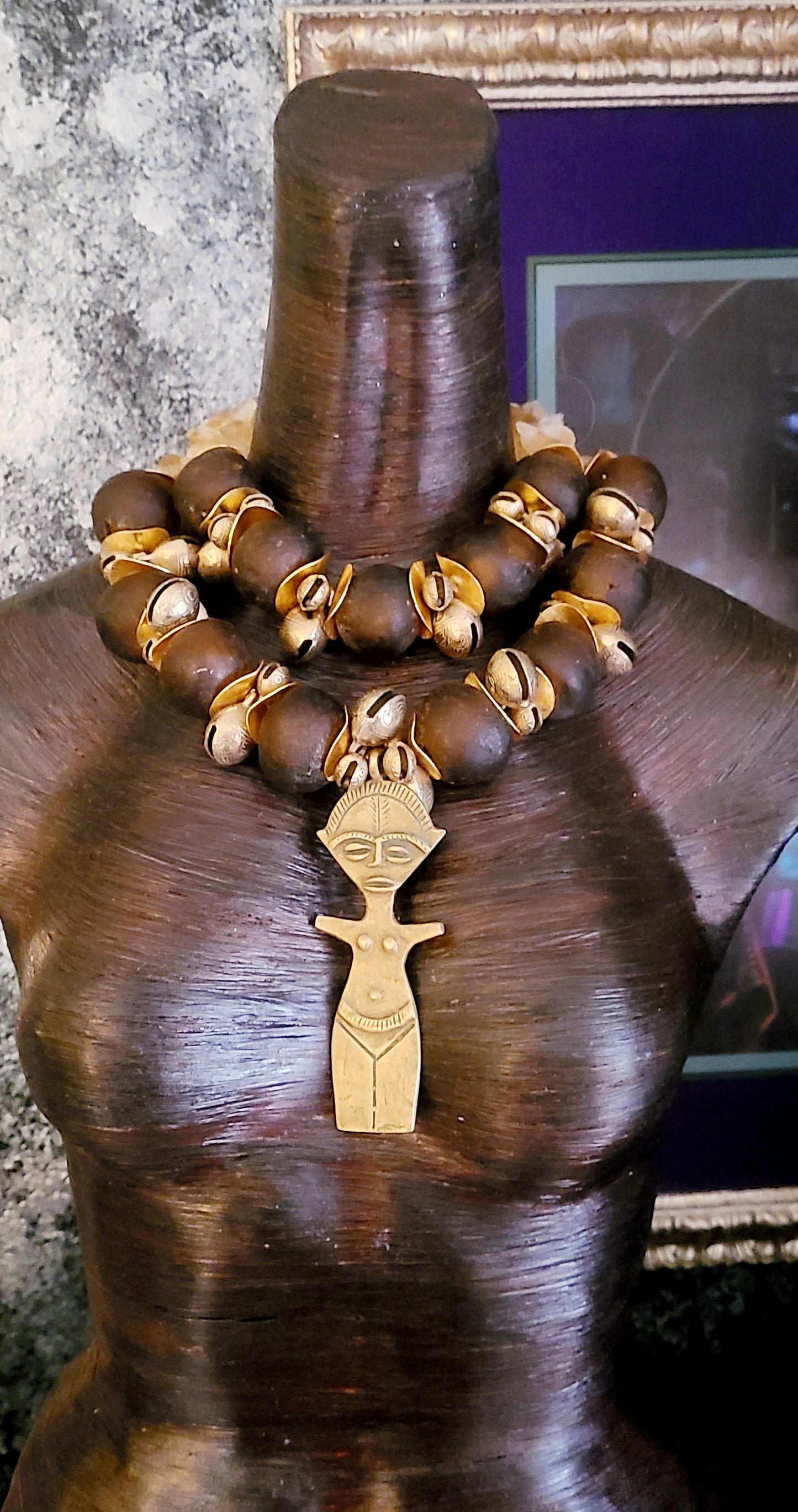 African Tibetan Glass & Metal Oversized Beaded Statememt Necklace Petite Women - Brown and Gold Bold Chunky Heavy Necklace with Fertility Goddess Pendant - Kat Kouture Jewelry Designs - Exotic Tribal Huge Beaded Chest Piece