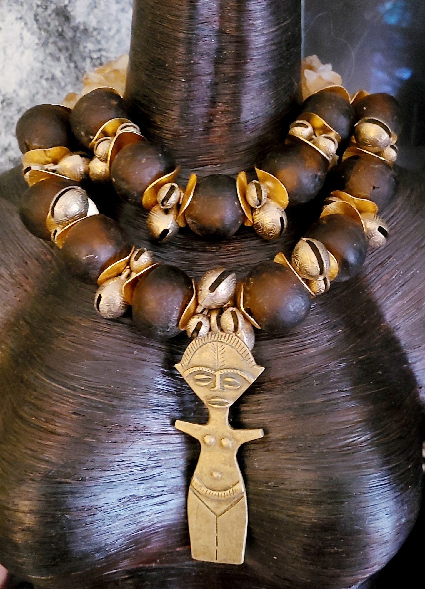 African Tibetan Glass & Metal Oversized Beaded Statememt Necklace Petite Women - Brown and Gold Bold Chunky Heavy Necklace with Fertility Goddess Pendant - Kat Kouture Jewelry Designs - Exotic Tribal Huge Beaded Chest Piece