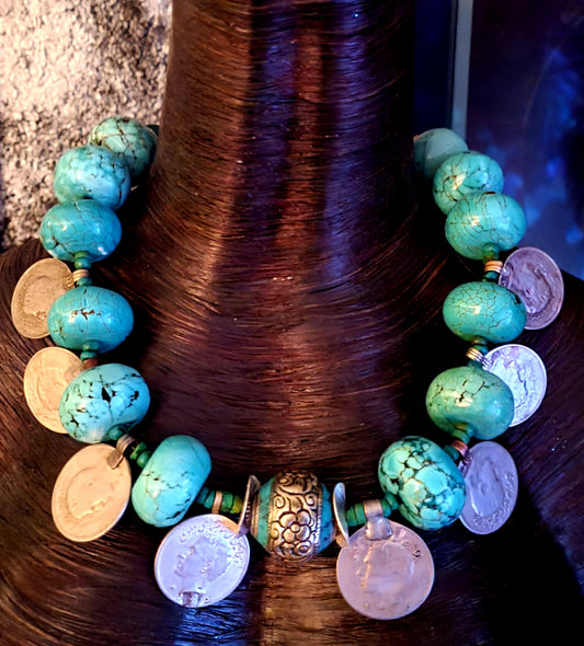 Blue Magnesite Rondelle and Kuchi Coin Unisex Tribal Necklace - Oversized Ethnic Belly Dancer Neck Candy - Kat Kouture Jewelry