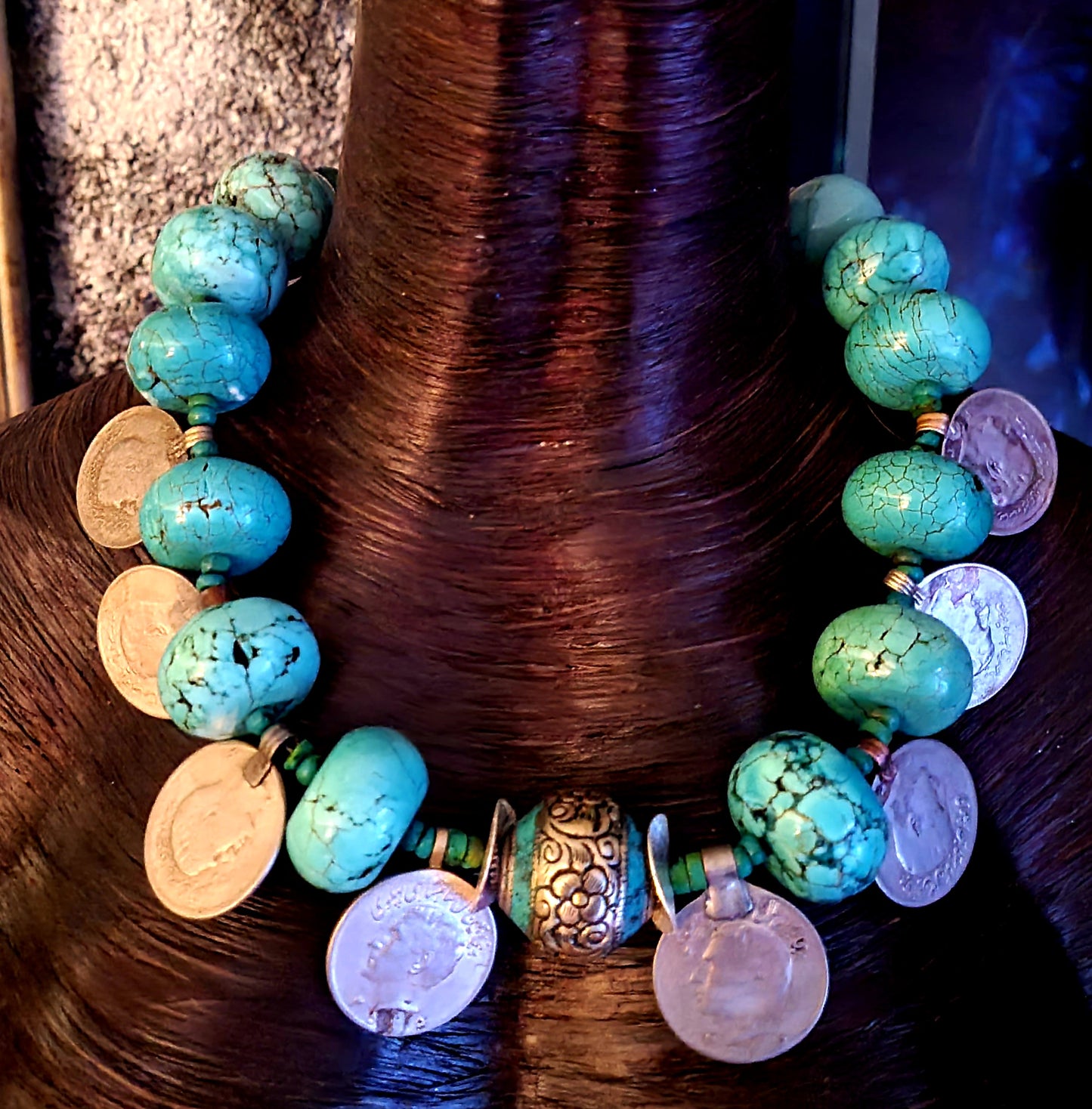 Blue Magnesite Rondelle and Kuchi Coin Unisex Tribal Necklace - Oversized Ethnic Belly Dancer Neck Candy - Kat Kouture Jewelry