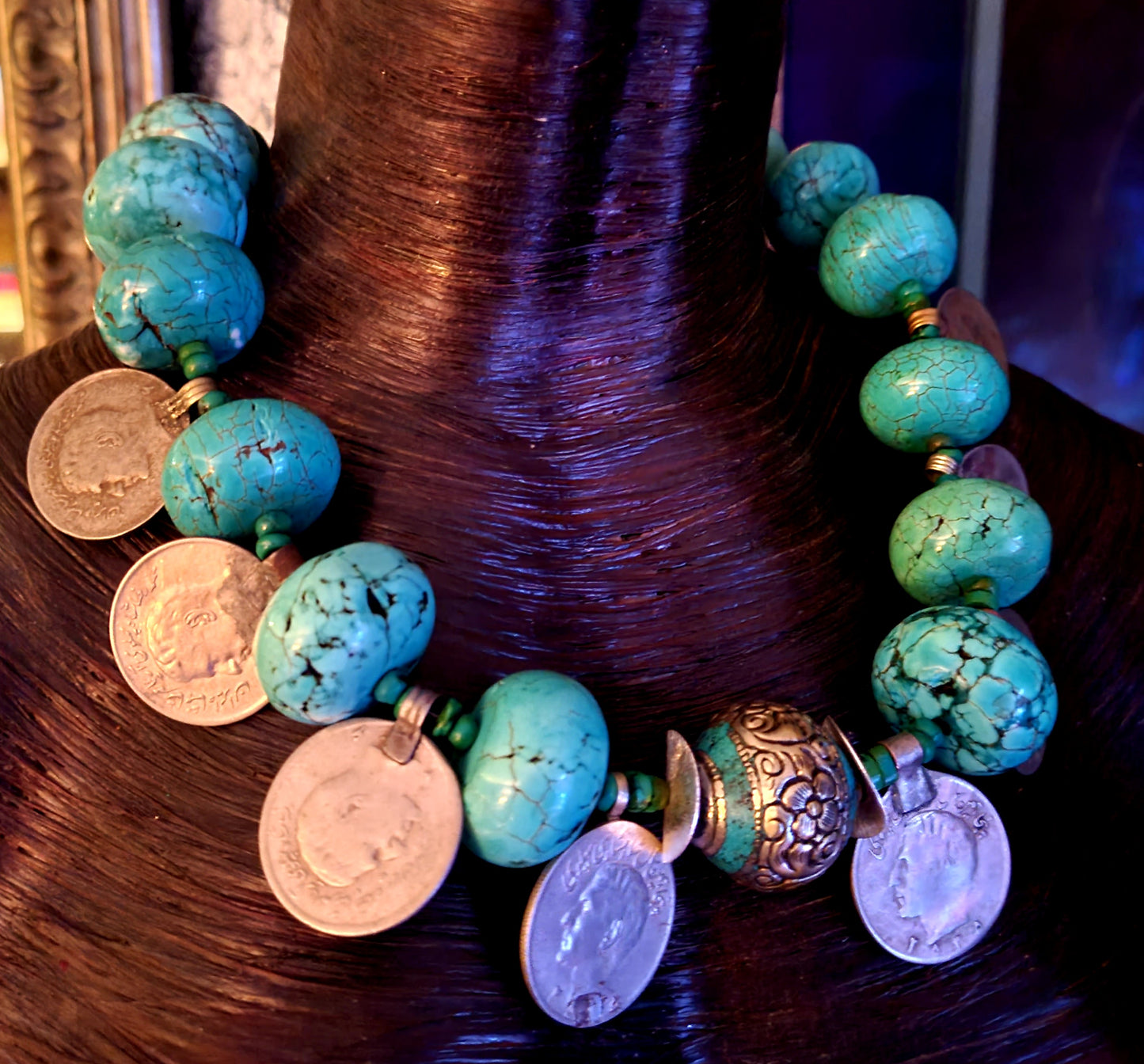 Blue Magnesite Rondelle and Kuchi Coin Unisex Tribal Necklace - Oversized Ethnic Belly Dancer Neck Candy - Kat Kouture Jewelry