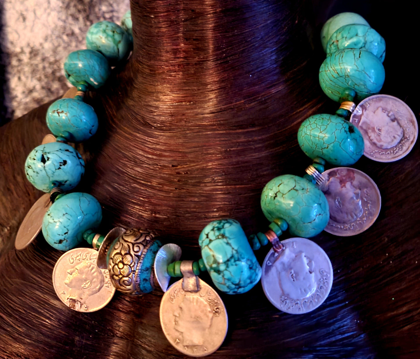 Blue Magnesite Rondelle and Kuchi Coin Unisex Tribal Necklace - Oversized Ethnic Belly Dancer Neck Candy - Kat Kouture Jewelry