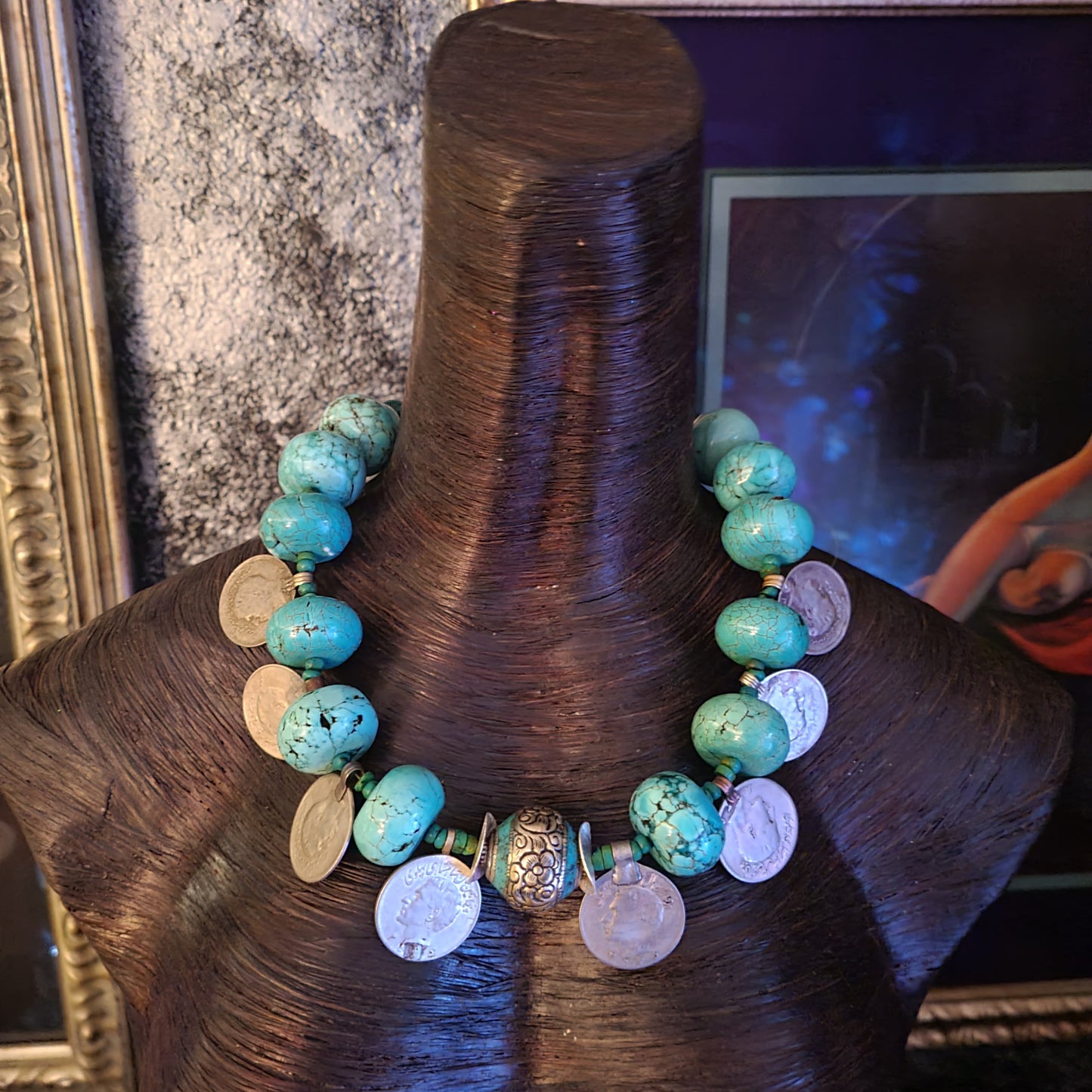 Blue Magnesite Rondelle and Kuchi Coin Unisex Tribal Necklace - Oversized Ethnic Belly Dancer Neck Candy - Kat Kouture Jewelry