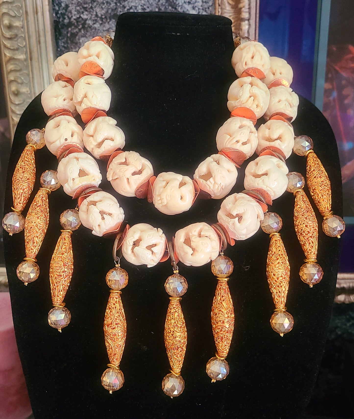 Hand Carved Goat Motif Bone Beaded Multi Strand Necklace - Cream Gold Copper & Citrine Haute Couture Bib - Kat Kouture Jewelry Designs - Bold Chunky & Heavy Neck Candy