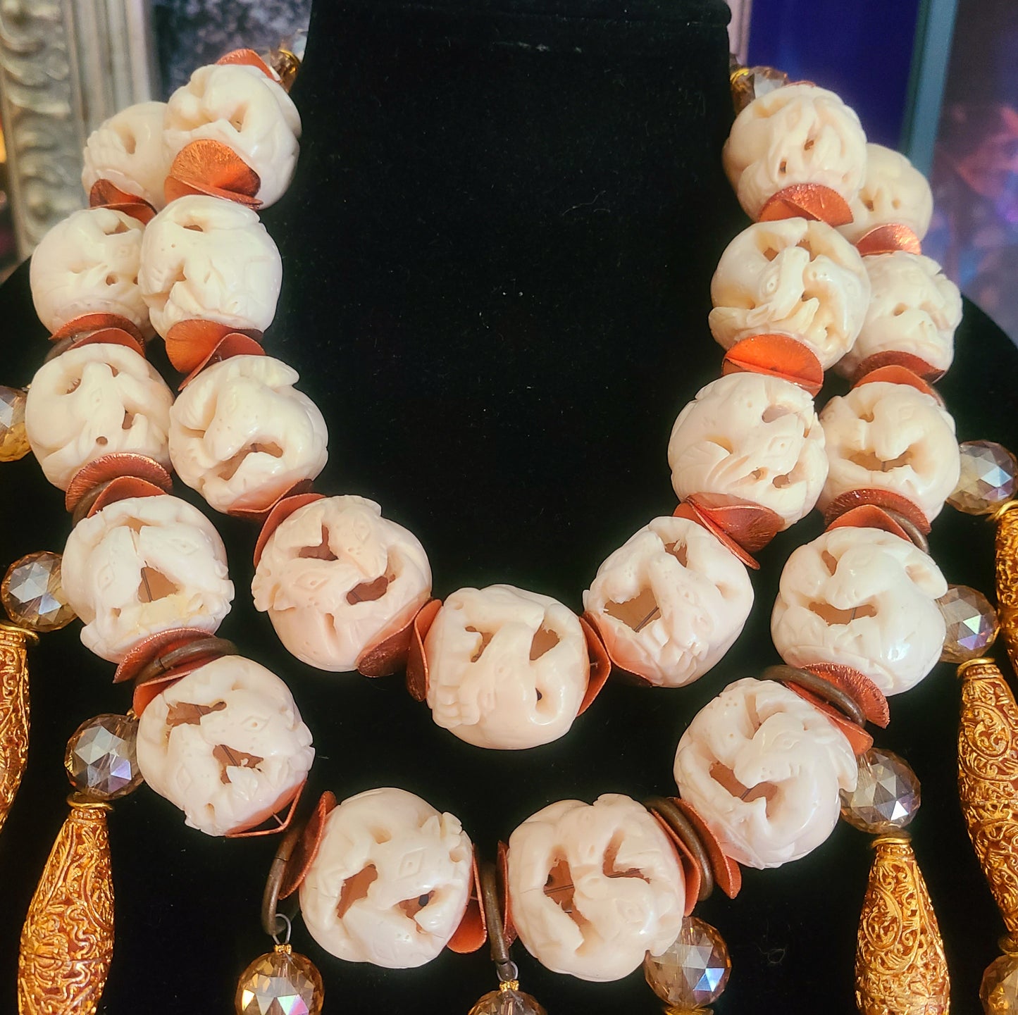 Hand Carved Goat Motif Bone Beaded Multi Strand Necklace - Cream Gold Copper & Citrine Haute Couture Bib - Kat Kouture Jewelry Designs - Bold Chunky & Heavy Neck Candy