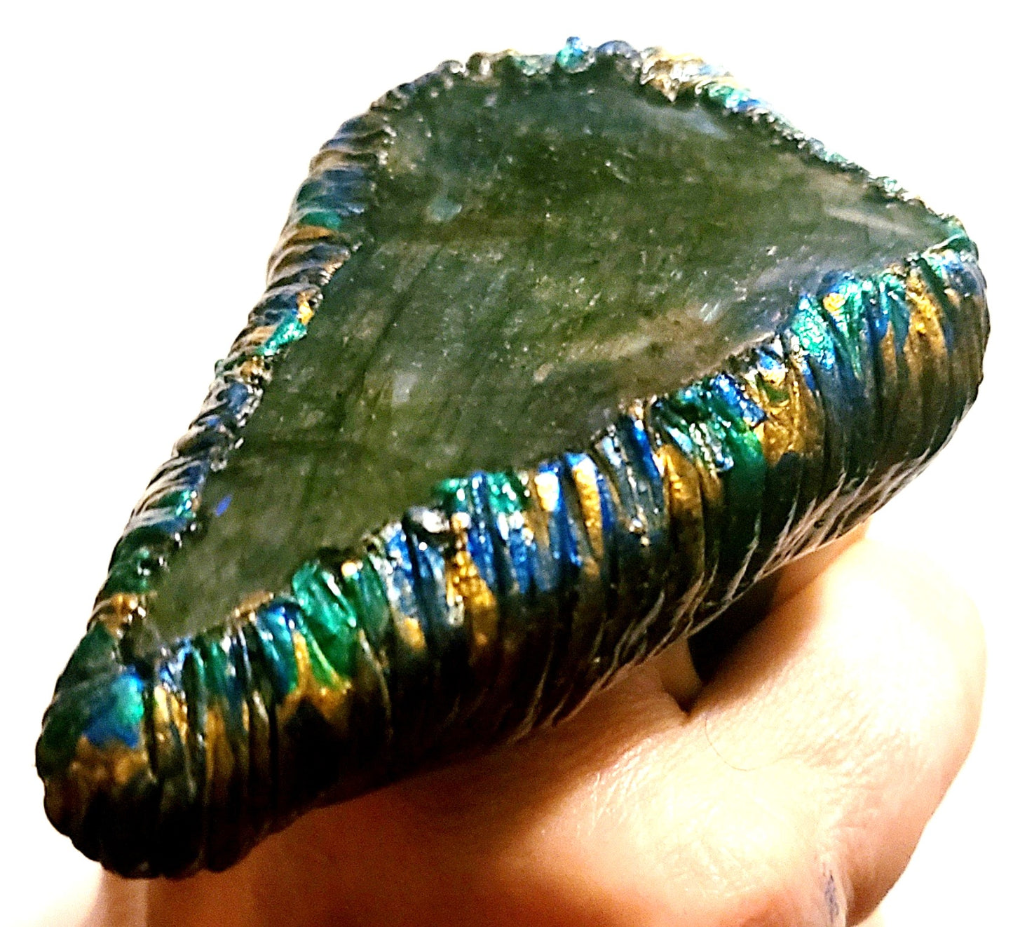 Oversized Labradorite Slab Sculpted Two Finger Adjustable Statement Ring - Flashy Sepectrolite Hand Ring - Men's Blue Gray Green & Gold Gemstone Ring -  Kat Kouture Jewelry