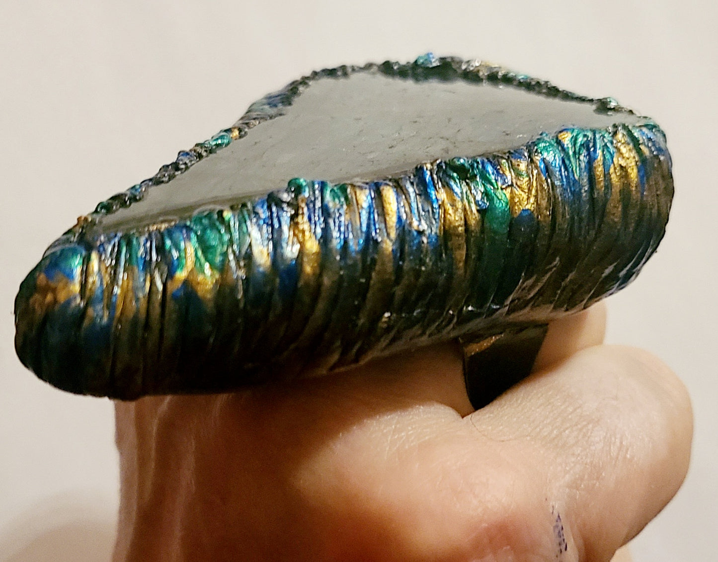 Oversized Labradorite Slab Sculpted Two Finger Adjustable Statement Ring - Flashy Sepectrolite Hand Ring - Men's Blue Gray Green & Gold Gemstone Ring -  Kat Kouture Jewelry