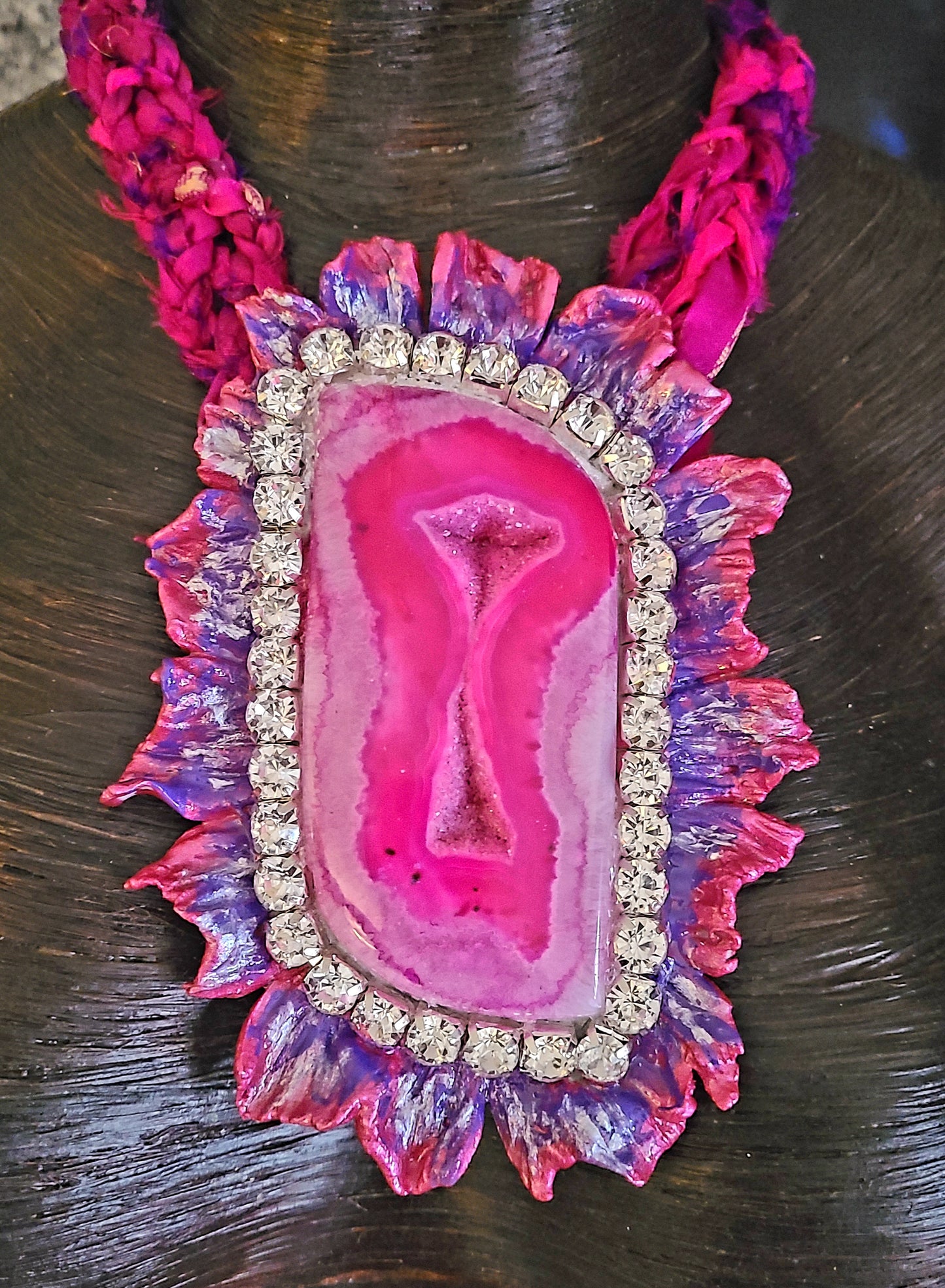 Druzy Agate Massive Hot Pink Pendant Sculpted, Necklace Textile Sari Silk Fuschia, Neck Candy Gaudy