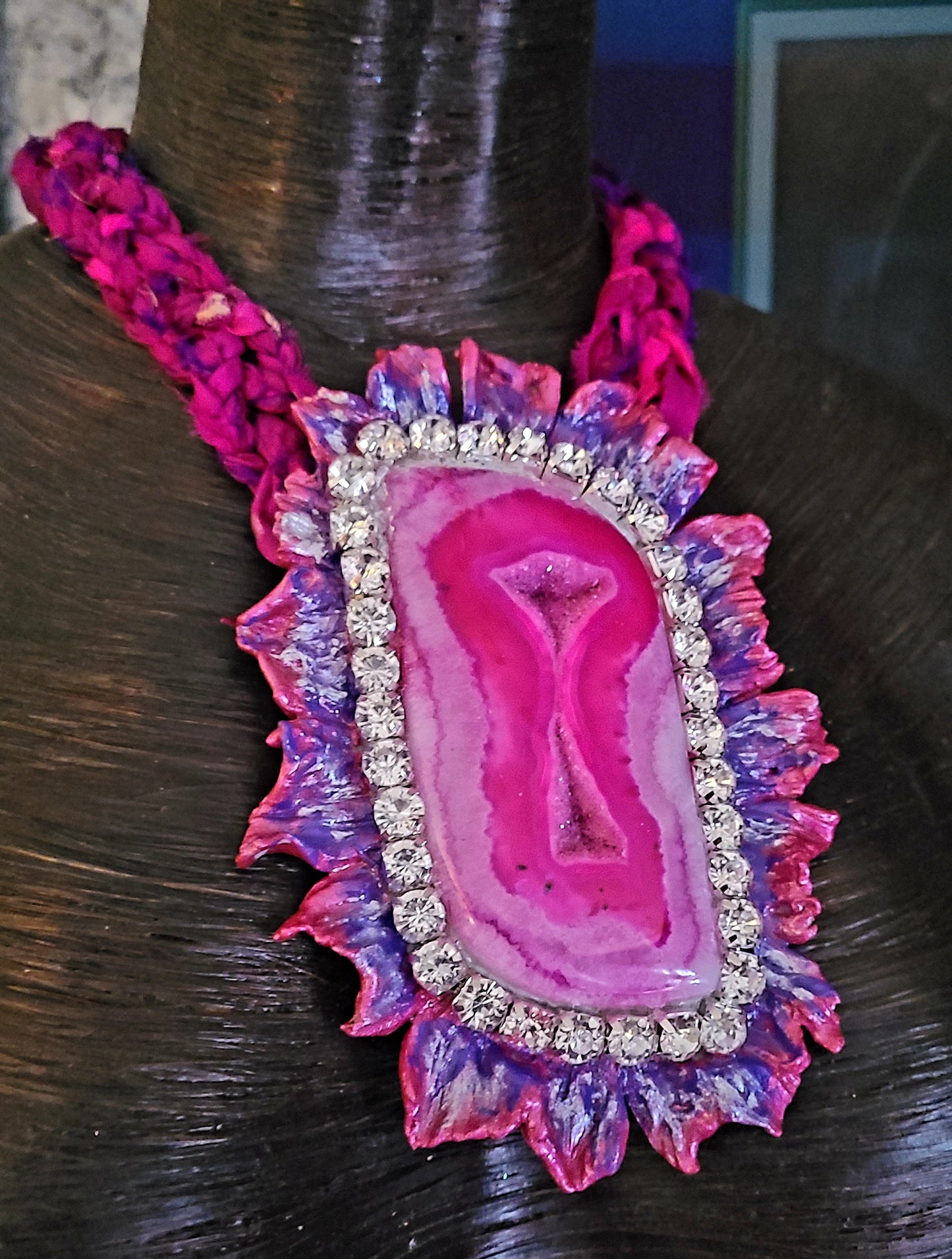 Druzy Agate Massive Hot Pink Pendant Sculpted, Necklace Textile Sari Silk Fuschia, Neck Candy Gaudy