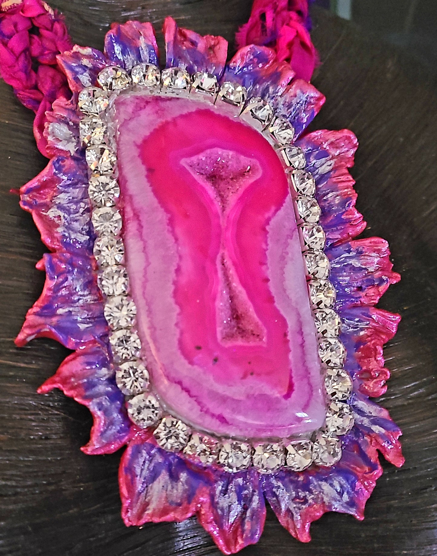 Druzy Agate Massive Hot Pink Pendant Sculpted, Necklace Textile Sari Silk Fuschia, Neck Candy Gaudy