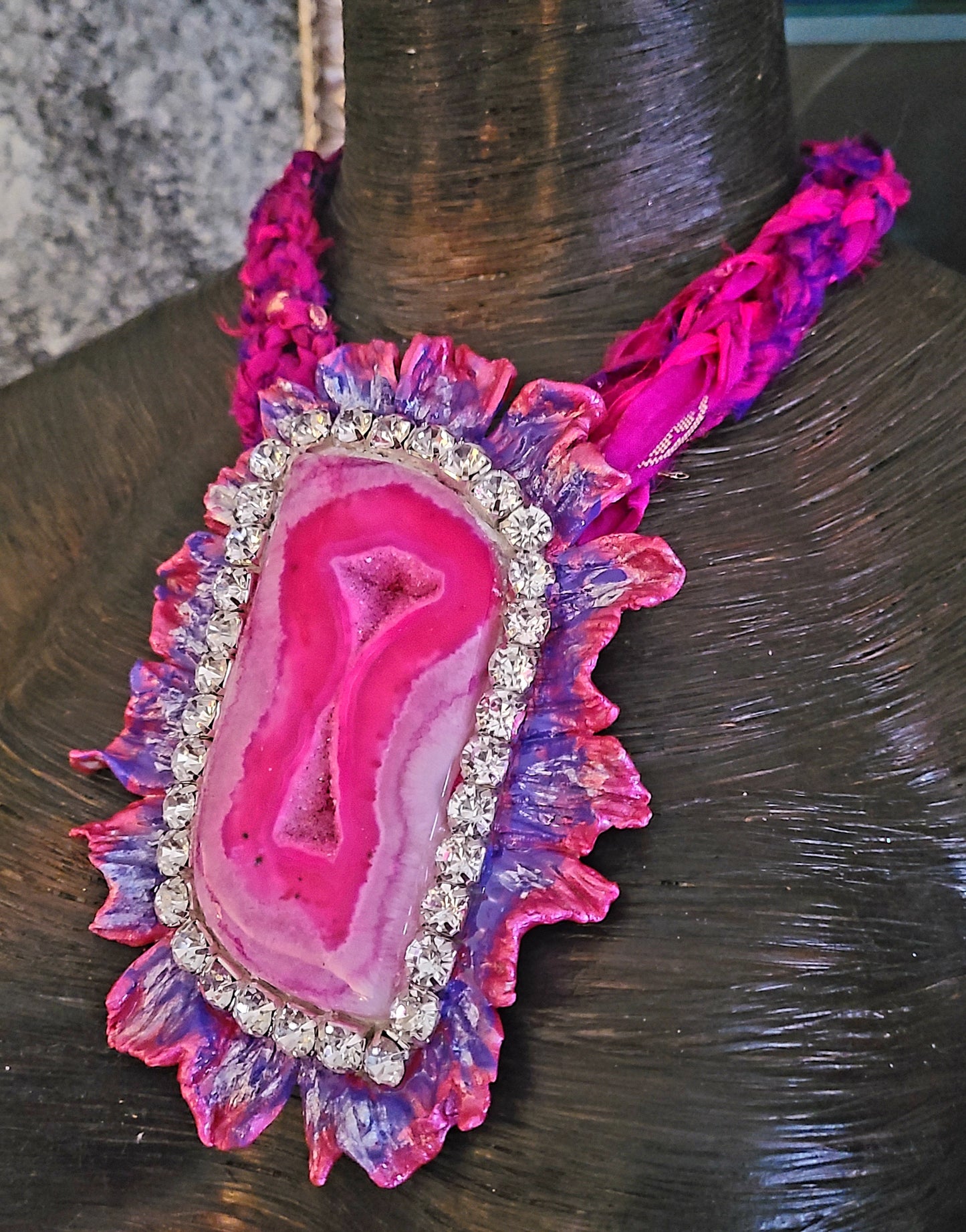 Druzy Agate Massive Hot Pink Pendant Sculpted, Necklace Textile Sari Silk Fuschia, Neck Candy Gaudy