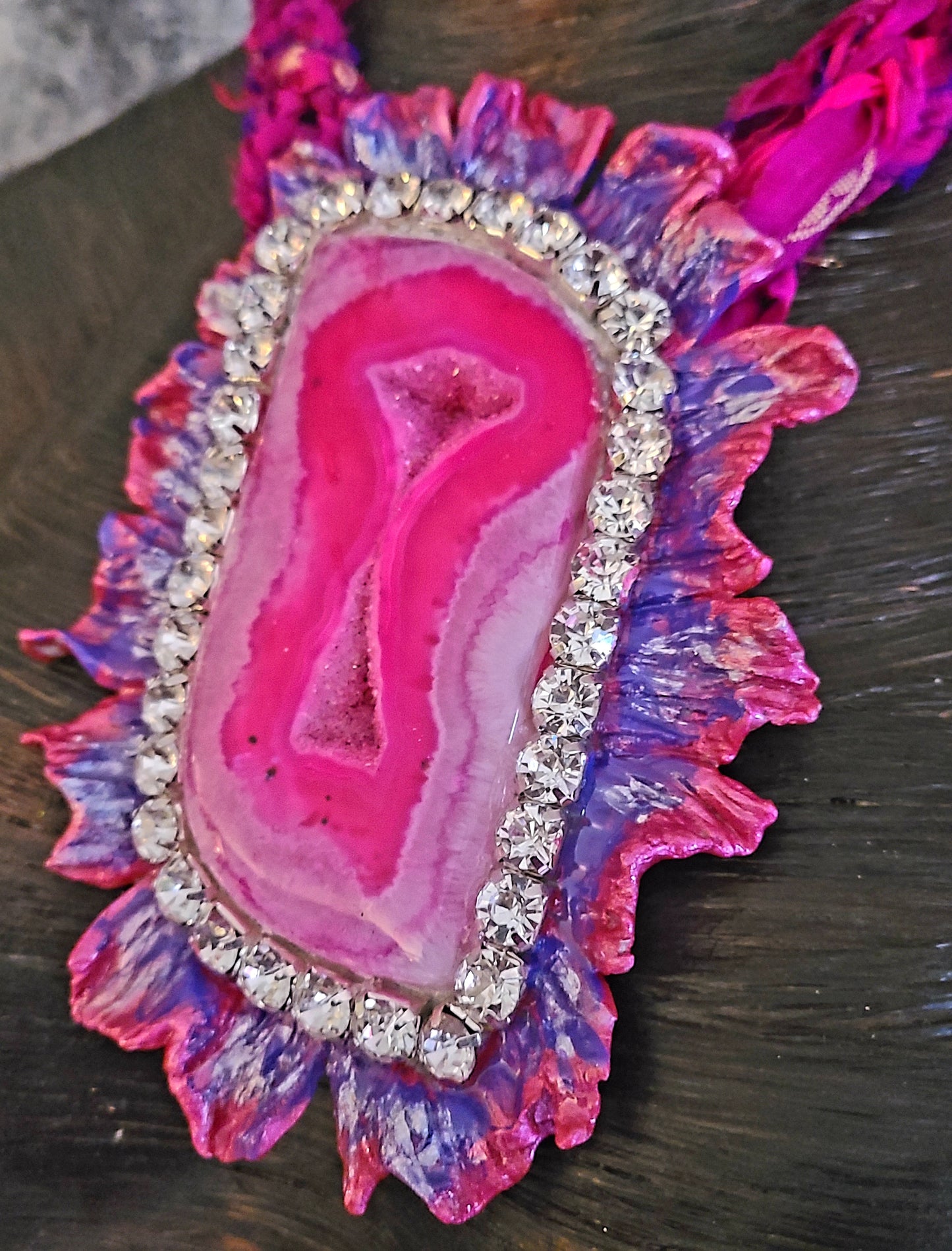 Druzy Agate Massive Hot Pink Pendant Sculpted, Necklace Textile Sari Silk Fuschia, Neck Candy Gaudy