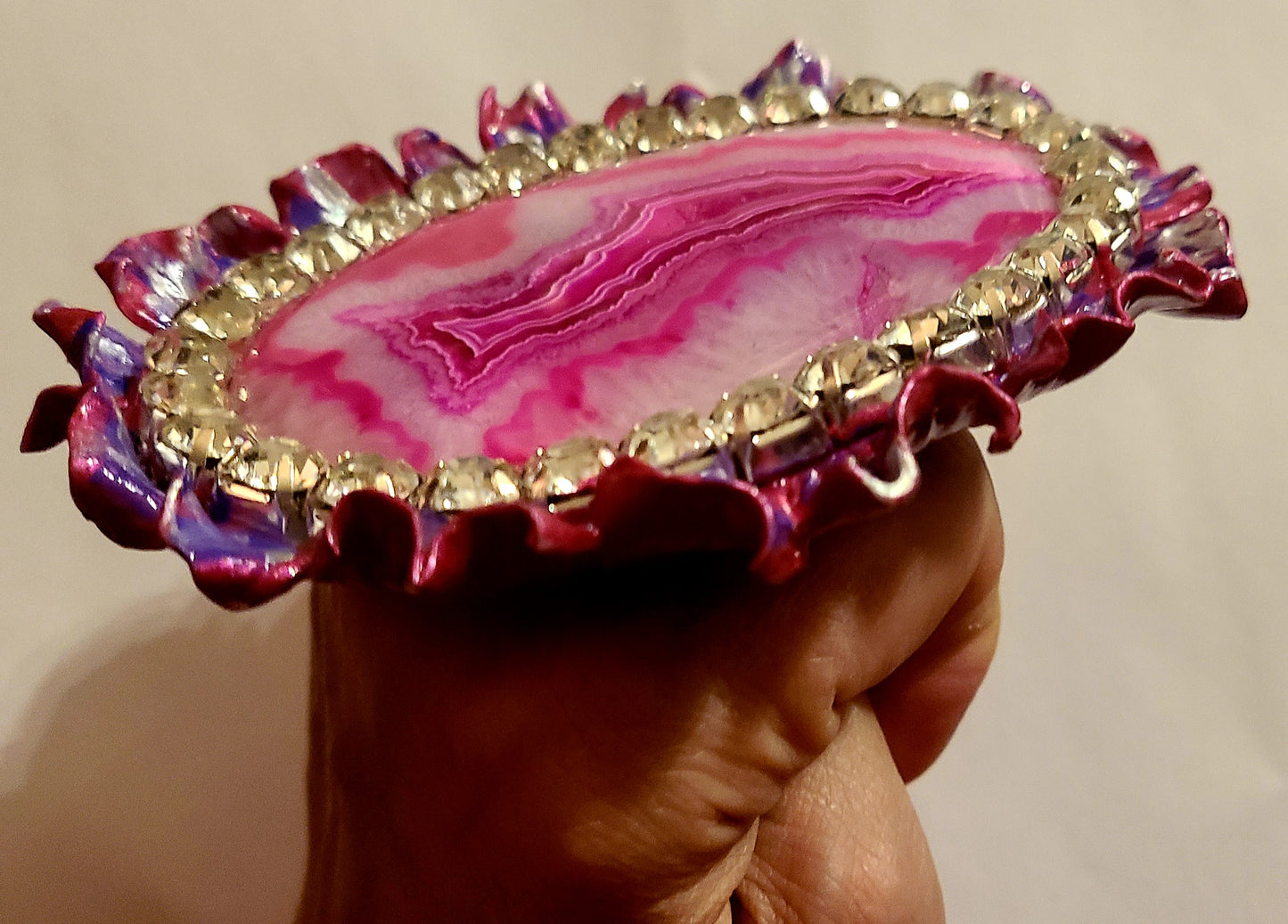 Oversized Hot Pink Druzy Agate Adjustable Hand Sculpted Statement Ring, OOAK Artisan Gemstone Hand Ring Women, Eccentric Finger Candy Accessory
