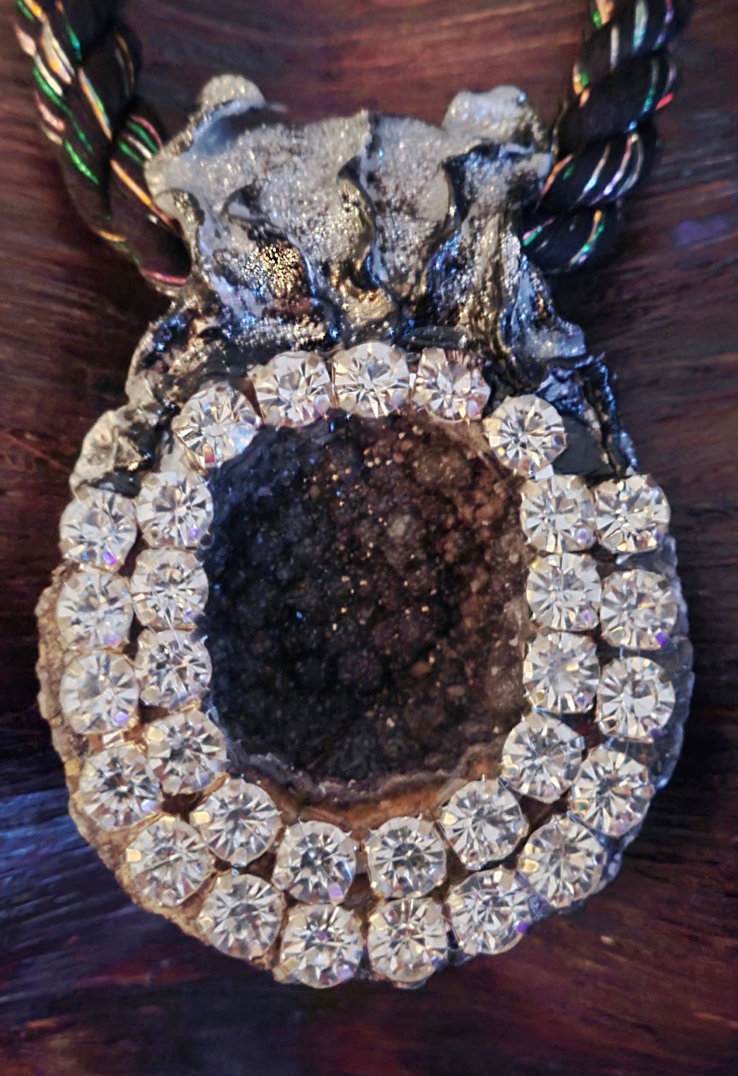 Rare Sculpted Black Druzy Geode Rope Pendant with Rhinestones, Unisex Bling Statement Amulet, Black Tie Pagan Talisman