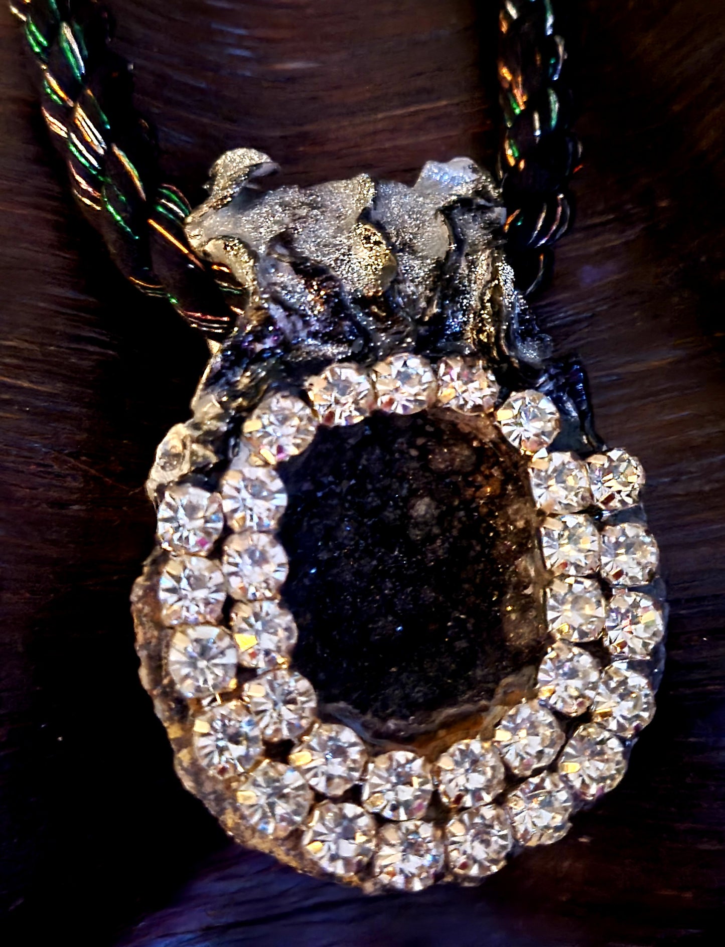 Rare Sculpted Black Druzy Geode Rope Pendant with Rhinestones, Unisex Bling Statement Amulet, Black Tie Pagan Talisman