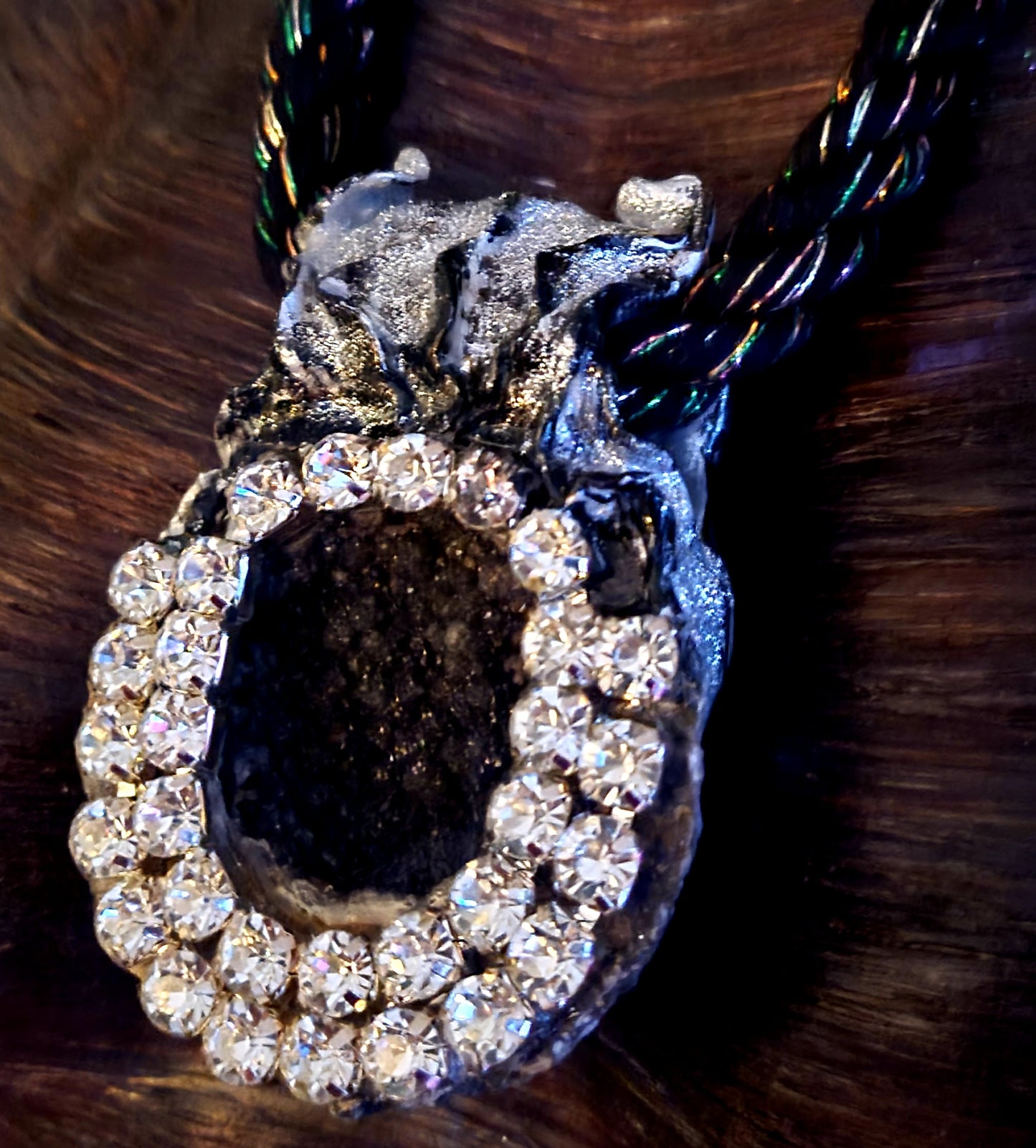 Rare Sculpted Black Druzy Geode Rope Pendant with Rhinestones, Unisex Bling Statement Amulet, Black Tie Pagan Talisman