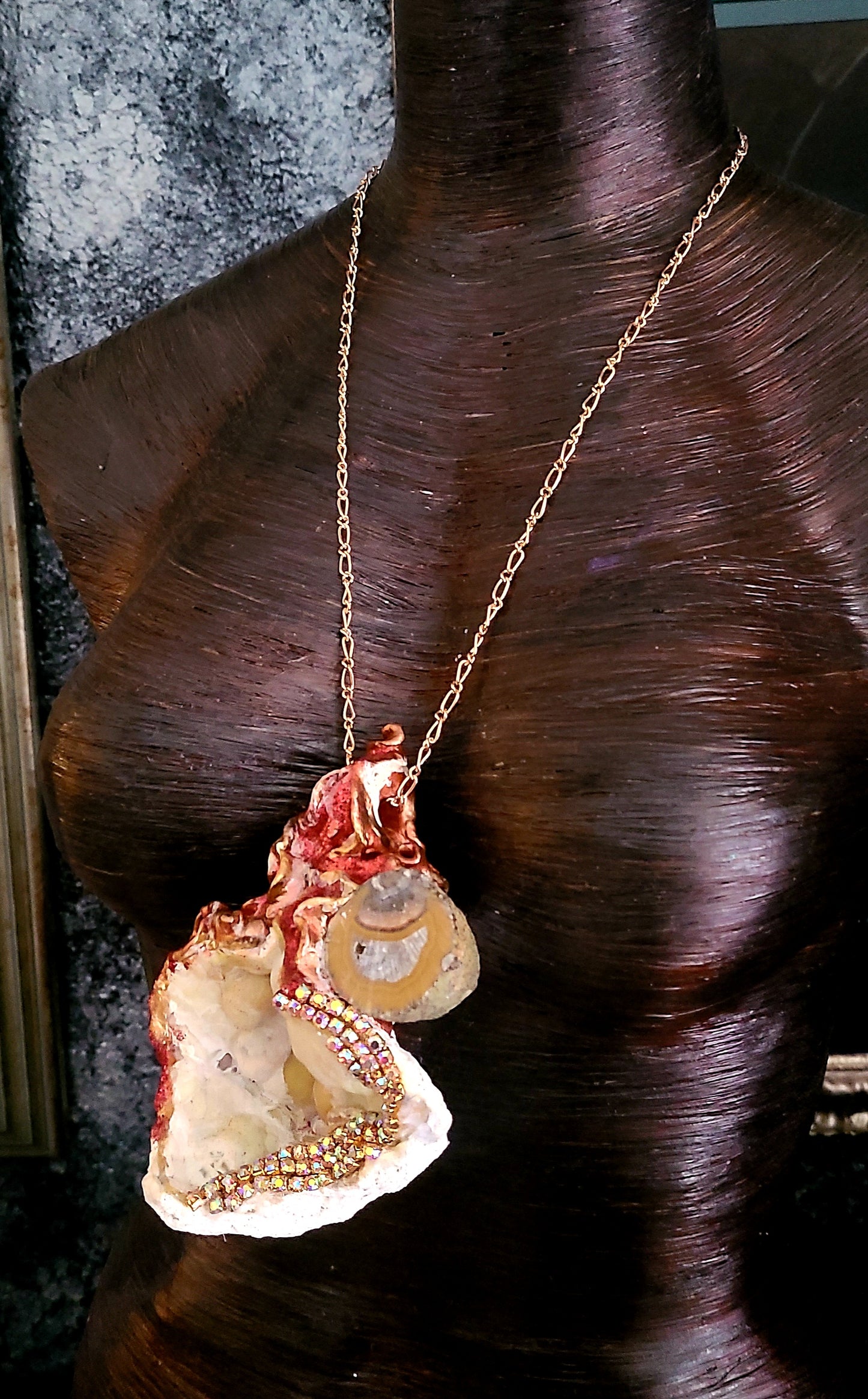Botryoidal Crystal Agate & Mixed Gemstone Sculpted Pendant, Desert Tone Rustic Stone Amulet, Fall Wardrobe Unisex Talisman