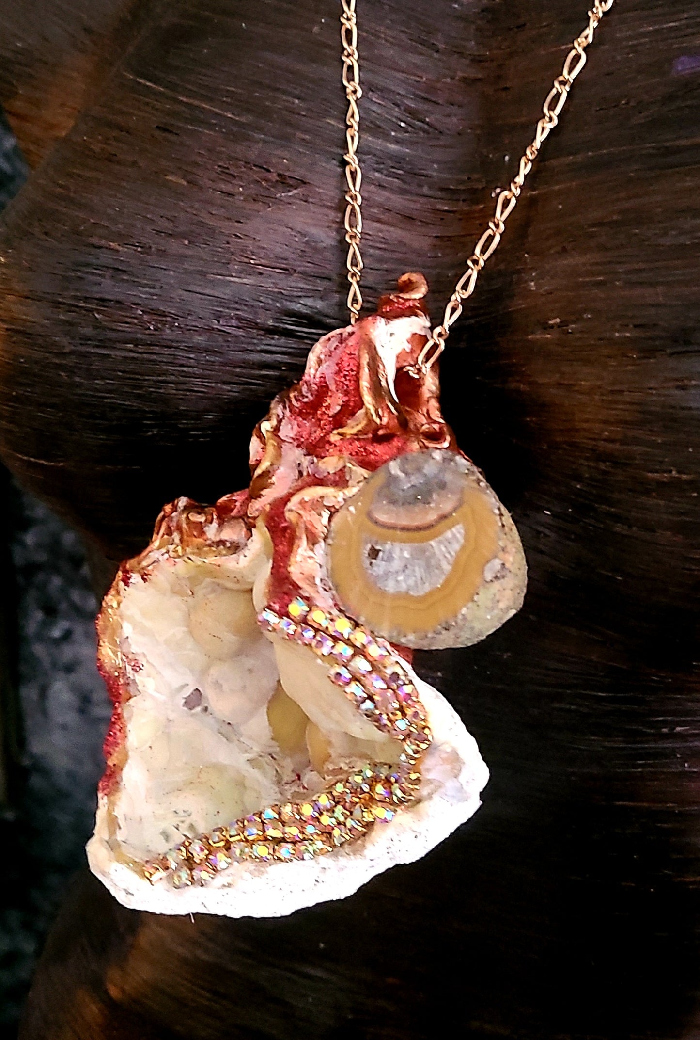 Botryoidal Crystal Agate & Mixed Gemstone Sculpted Pendant, Desert Tone Rustic Stone Amulet, Fall Wardrobe Unisex Talisman