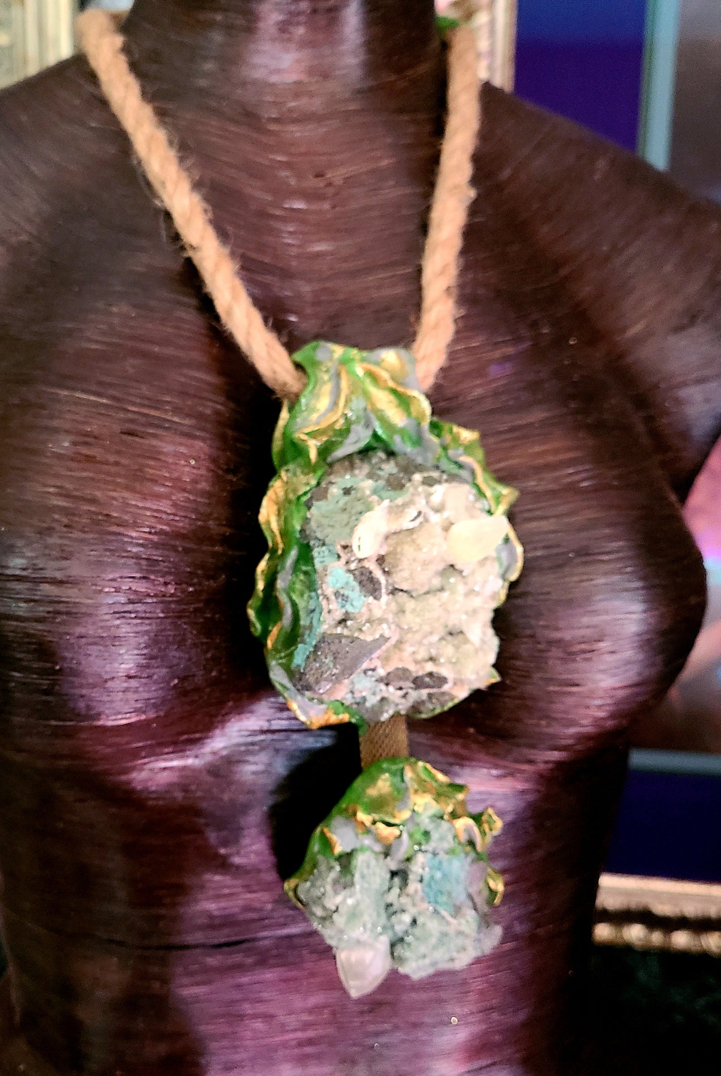 Earth Tone Double Green Apophyllite Crystal Statement Pendant, Sculpted Rough Gemstone Bohemian Amulet, Raw Unisex Talisman On Jute Hemp Rope