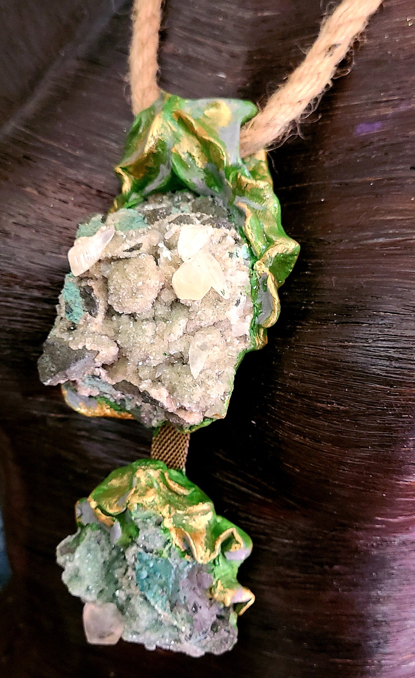 Earth Tone Double Green Apophyllite Crystal Statement Pendant, Sculpted Rough Gemstone Bohemian Amulet, Raw Unisex Talisman On Jute Hemp Rope