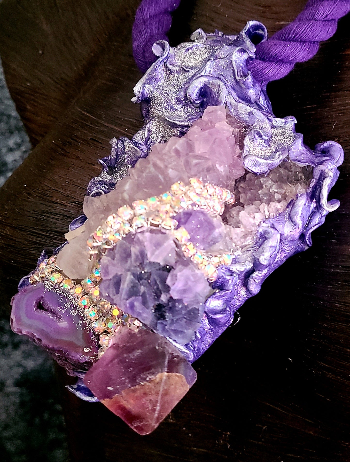 Mixed Purple Gemstone Sculpted Rope Pendant - Rough Crystal Unisex Talisman - Kat Kouture Jewelry