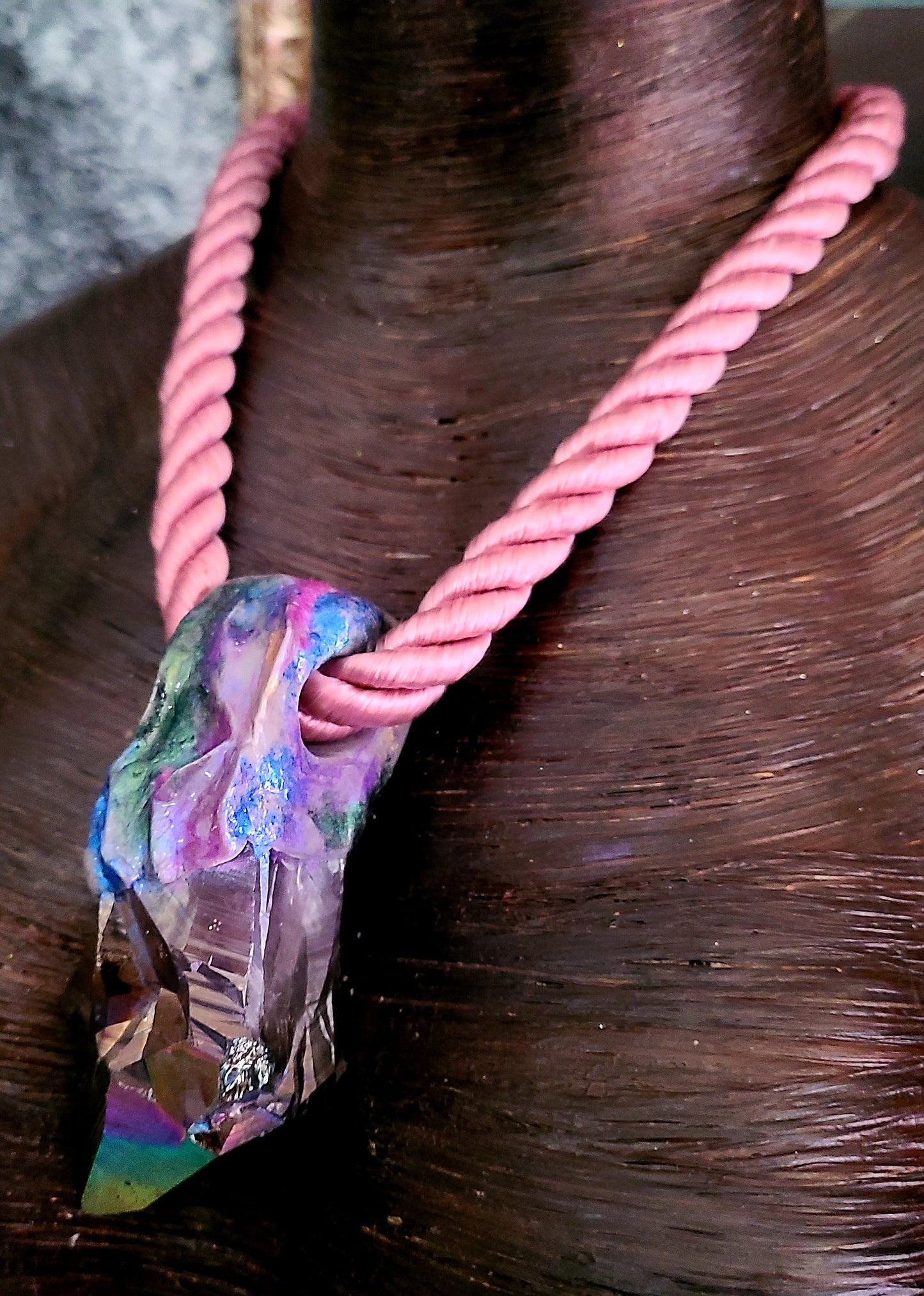 Amethyst Smoky Quartz Sculpted Talisman - Rough Gemstone Silk Rope Amulet -  Edgy Rocker Chic Rainbow Pendant - Kat Kouture Jewelry