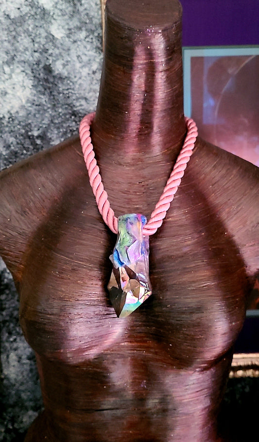 Amethyst Smoky Quartz Sculpted Talisman - Rough Gemstone Silk Rope Amulet -  Edgy Rocker Chic Rainbow Pendant - Kat Kouture Jewelry