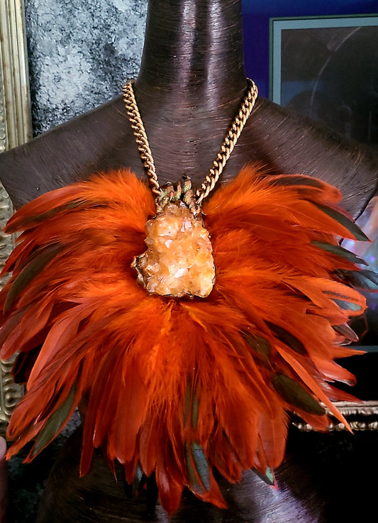 Rough Gemmy Citrine Orange Feather Chest Piece, Bold Theatrical Gemstone Feather Statement Pendant, Autumn Wardrobe Accessory