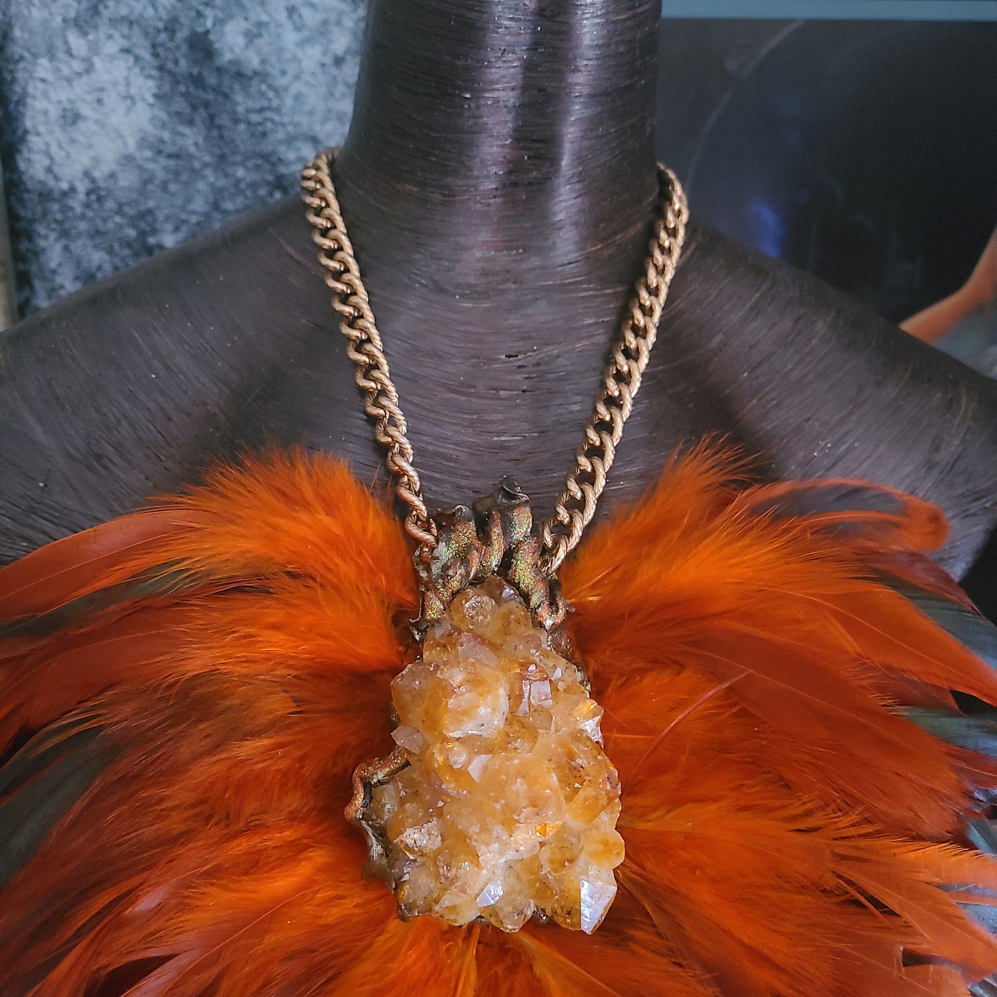 Rough Gemmy Citrine Orange Feather Chest Piece, Bold Theatrical Gemstone Feather Statement Pendant, Autumn Wardrobe Accessory