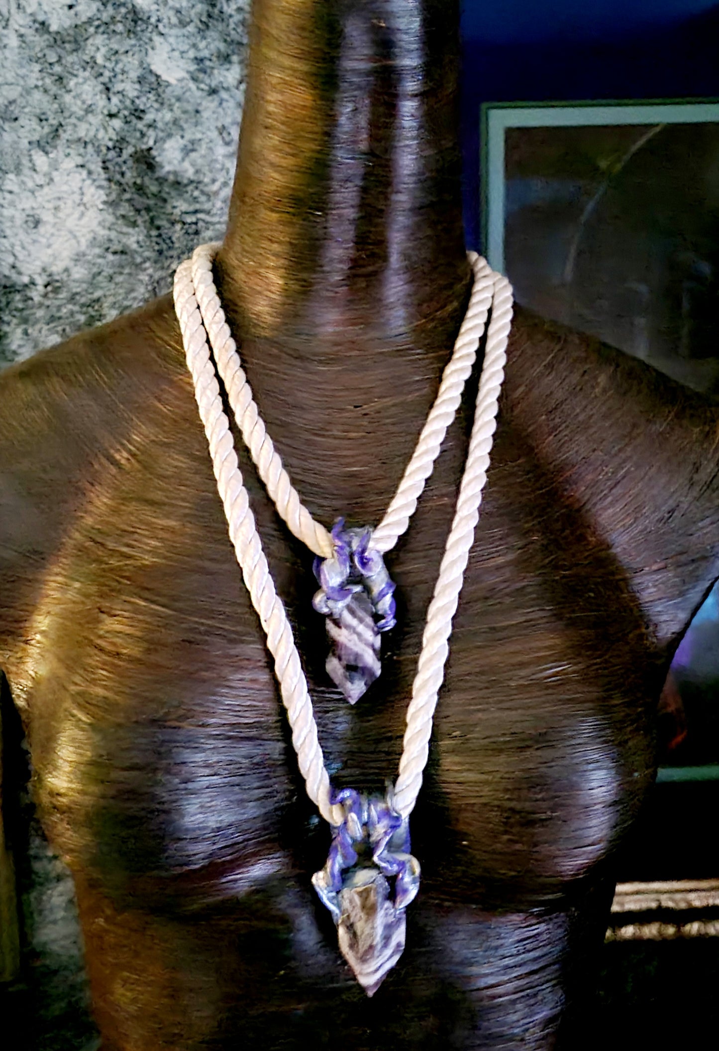 Chevron Amethyst Sculpted Point Silk Rope Amulet, Sculpted Gemstone Point Chest Piece, Jeans Jewelry for Petite Women, LGBTQ+ Bohemian Chest Piece